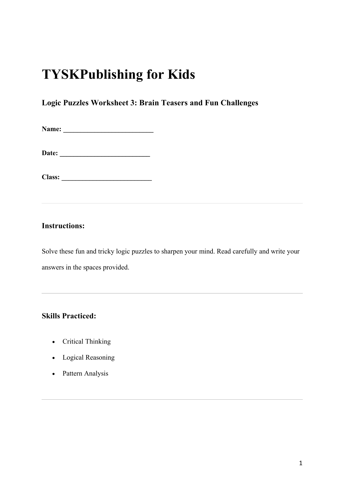 Logic Puzzles Worksheet 3: Brain Teasers and Fun Challenges