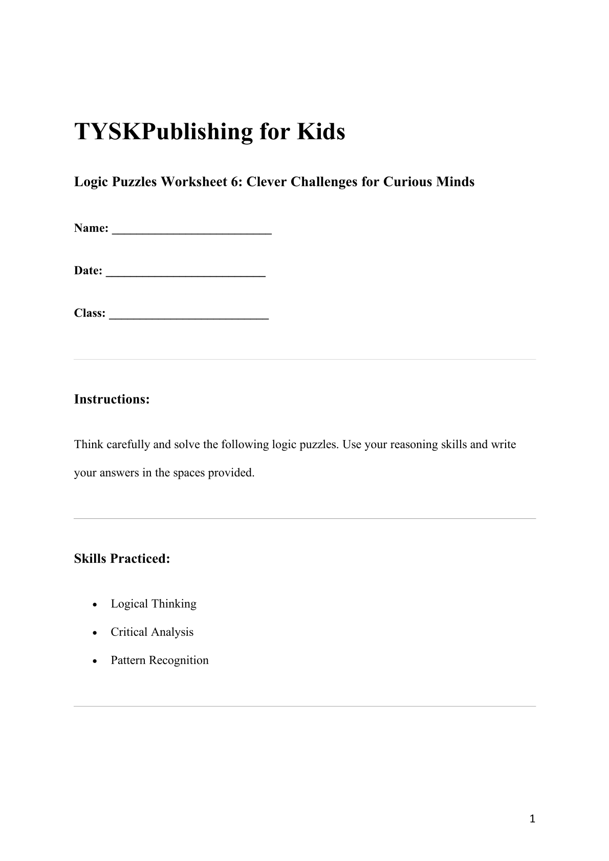 Logic Puzzles Worksheet 6: Clever Challenges for Curious Minds
