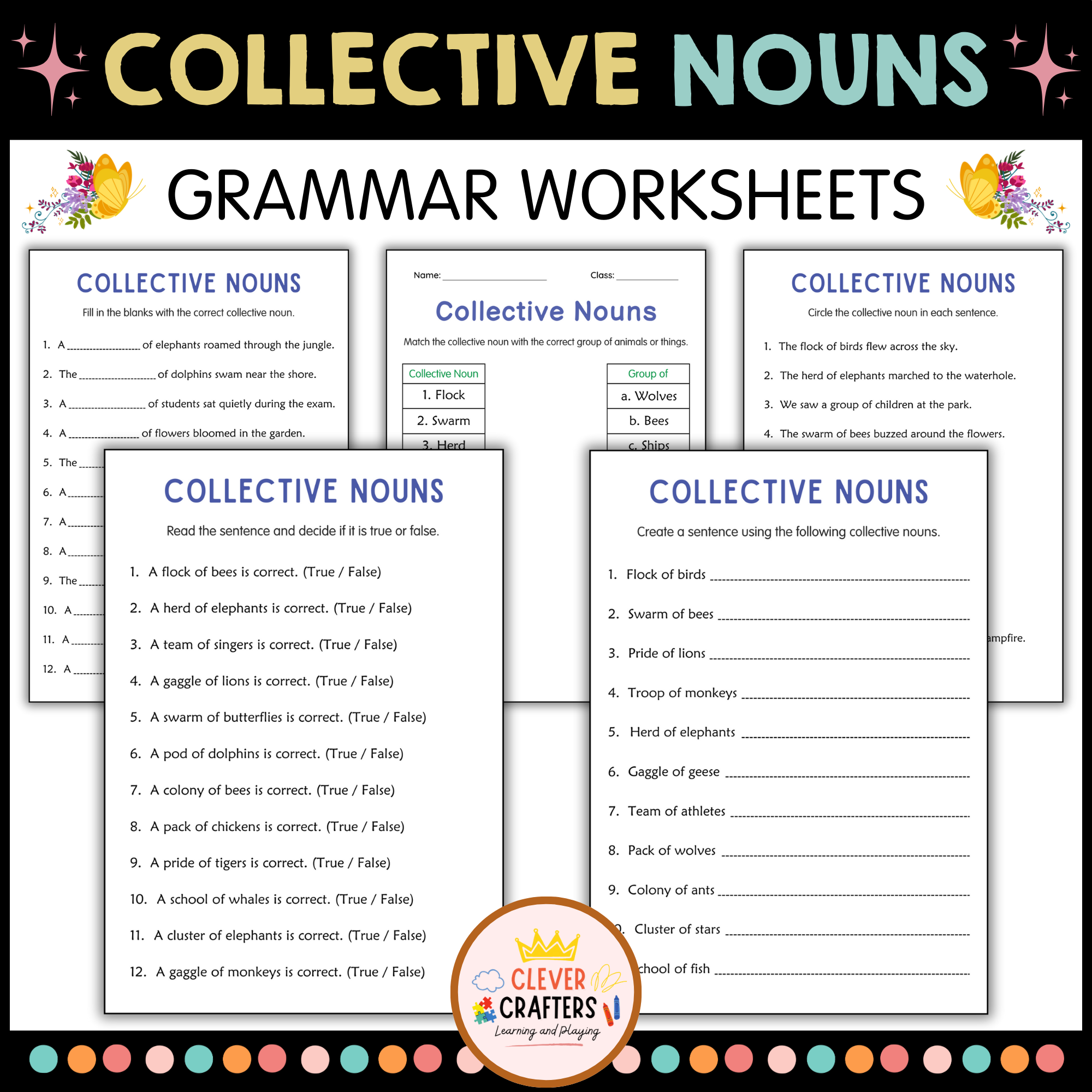 Printable Collective Nouns Grammar Worksheets for Grade 3, 4, 5