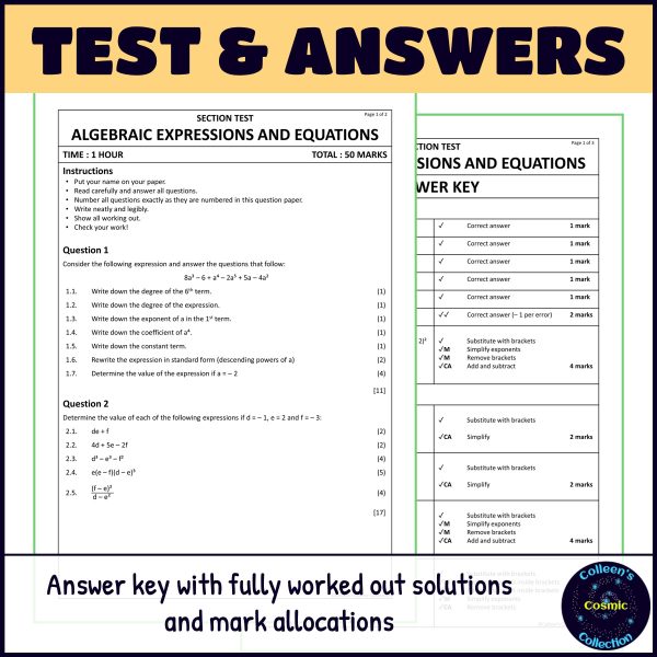 Algebra Test - Grade 8 Maths Term 1 Section Test 6 CAPS - Made By Teachers