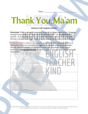 "Thank You, Ma'am" Quiz, Close Reading Inference Worksheet, and ...