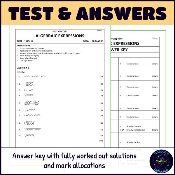 Algebraic Expressions Test - Grade 8 Maths Term 2 Section Test 1 CAPS ...