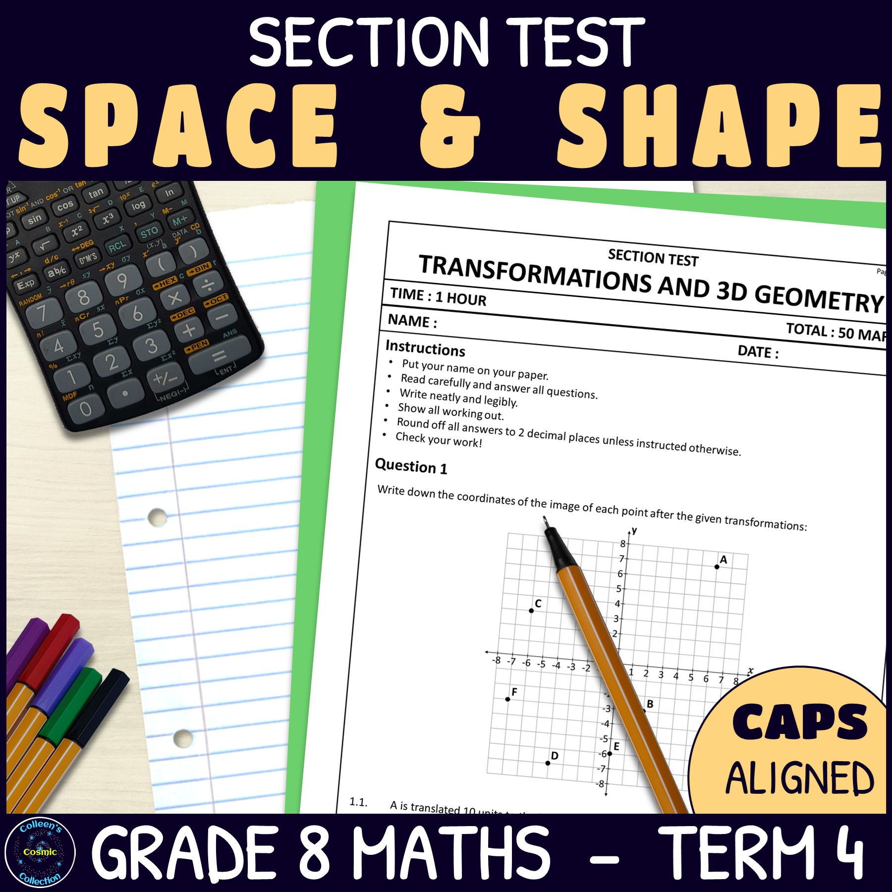 Transformations and 3D Geometry Test - Grade 8 Maths Term 4 Section Test 2 CAPS