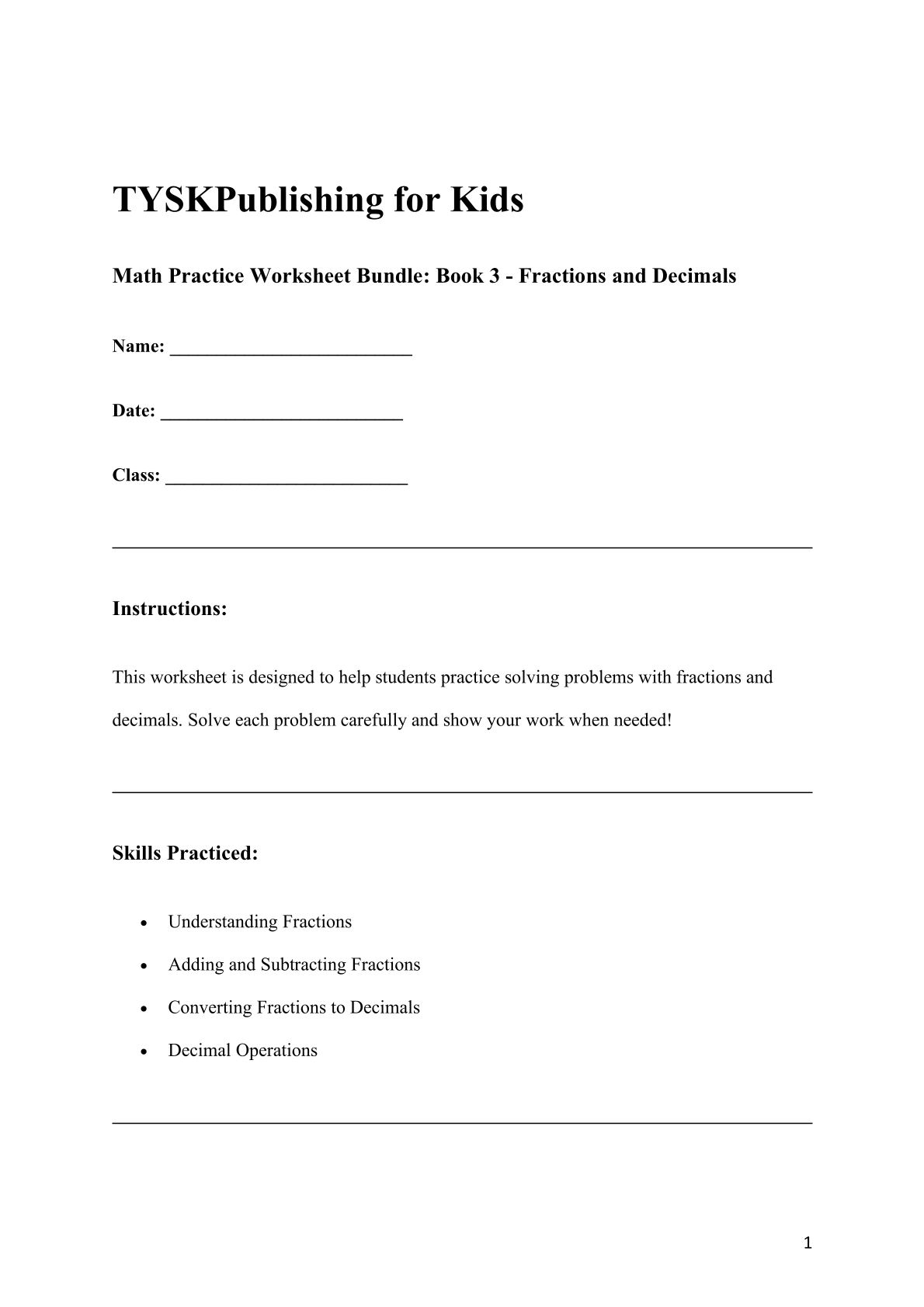 Math Practice Worksheet Bundle: Book 3 - Fractions and Decimals