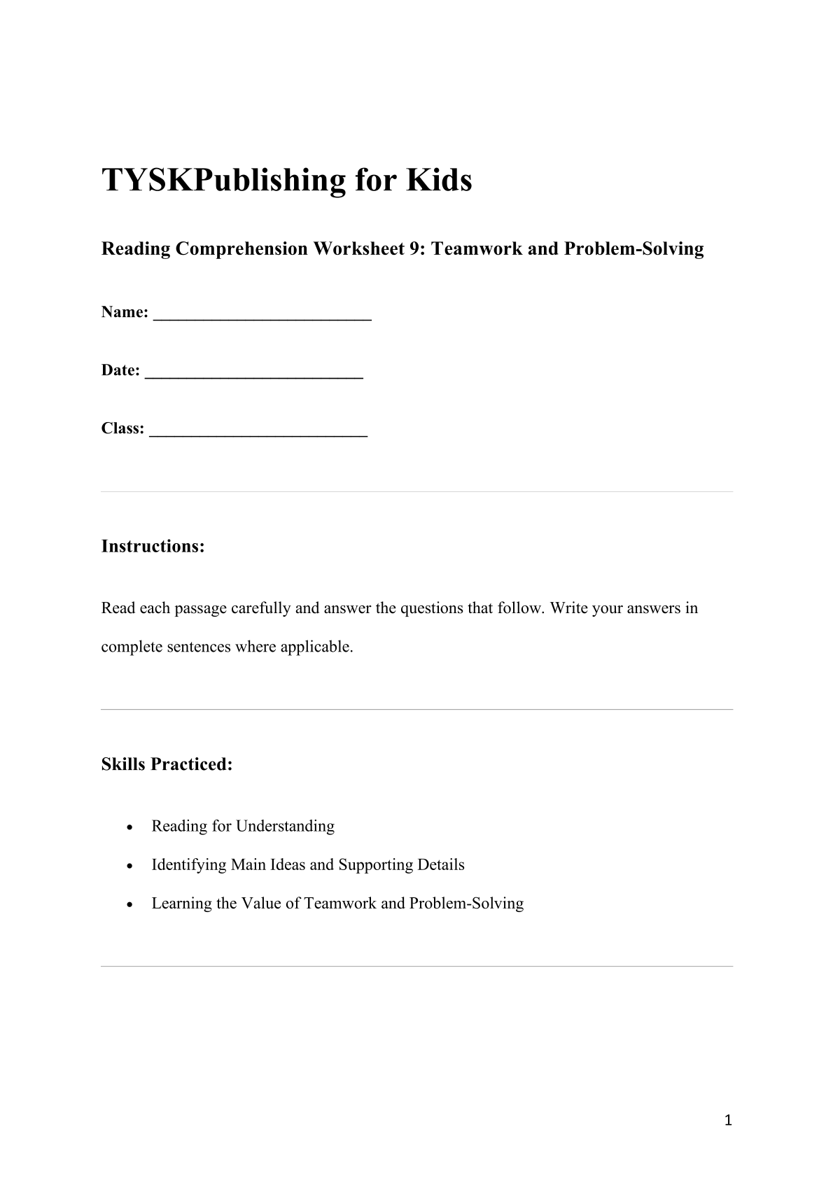 Reading Comprehension Worksheet 9: Teamwork and Problem-Solving