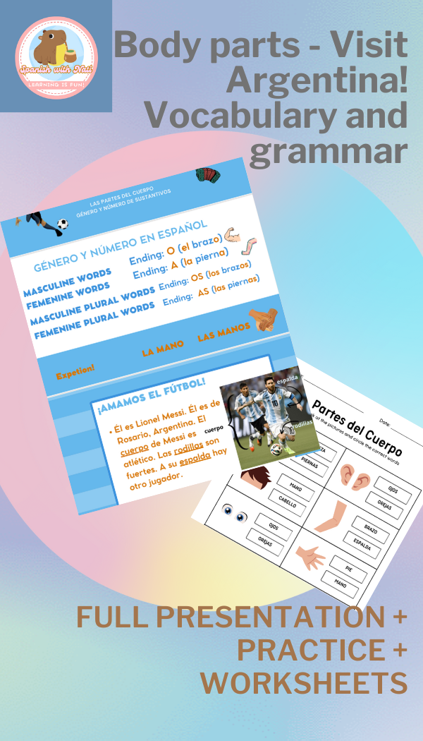Body Parts and Articles in Spanish presentation + worksheets