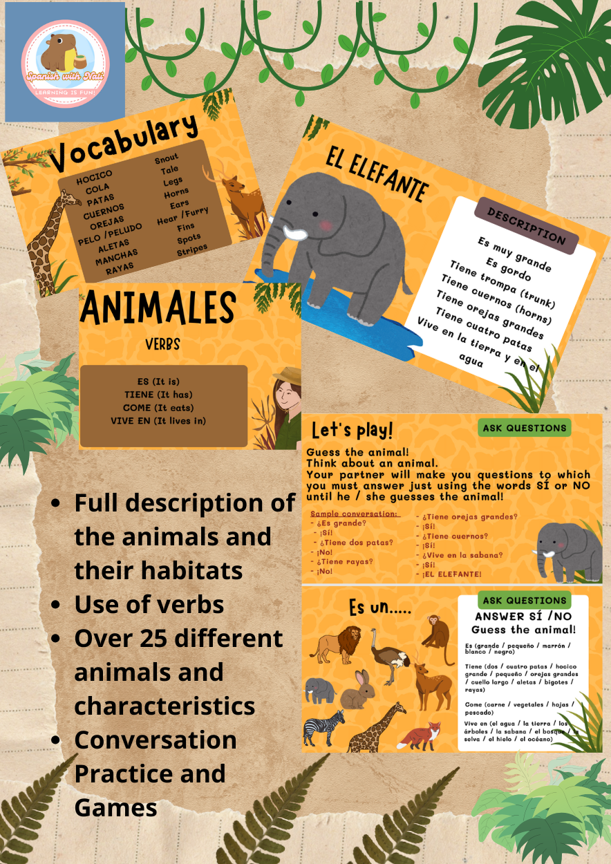 Animals and habitats in Spanish - full presentation + practice and games