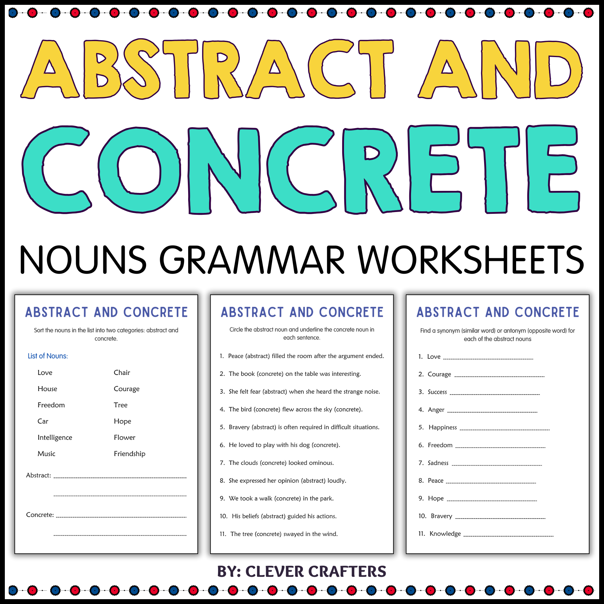 Printable Abstract and Concrete Nouns Grammar Worksheets for Grade 4, 5, 6