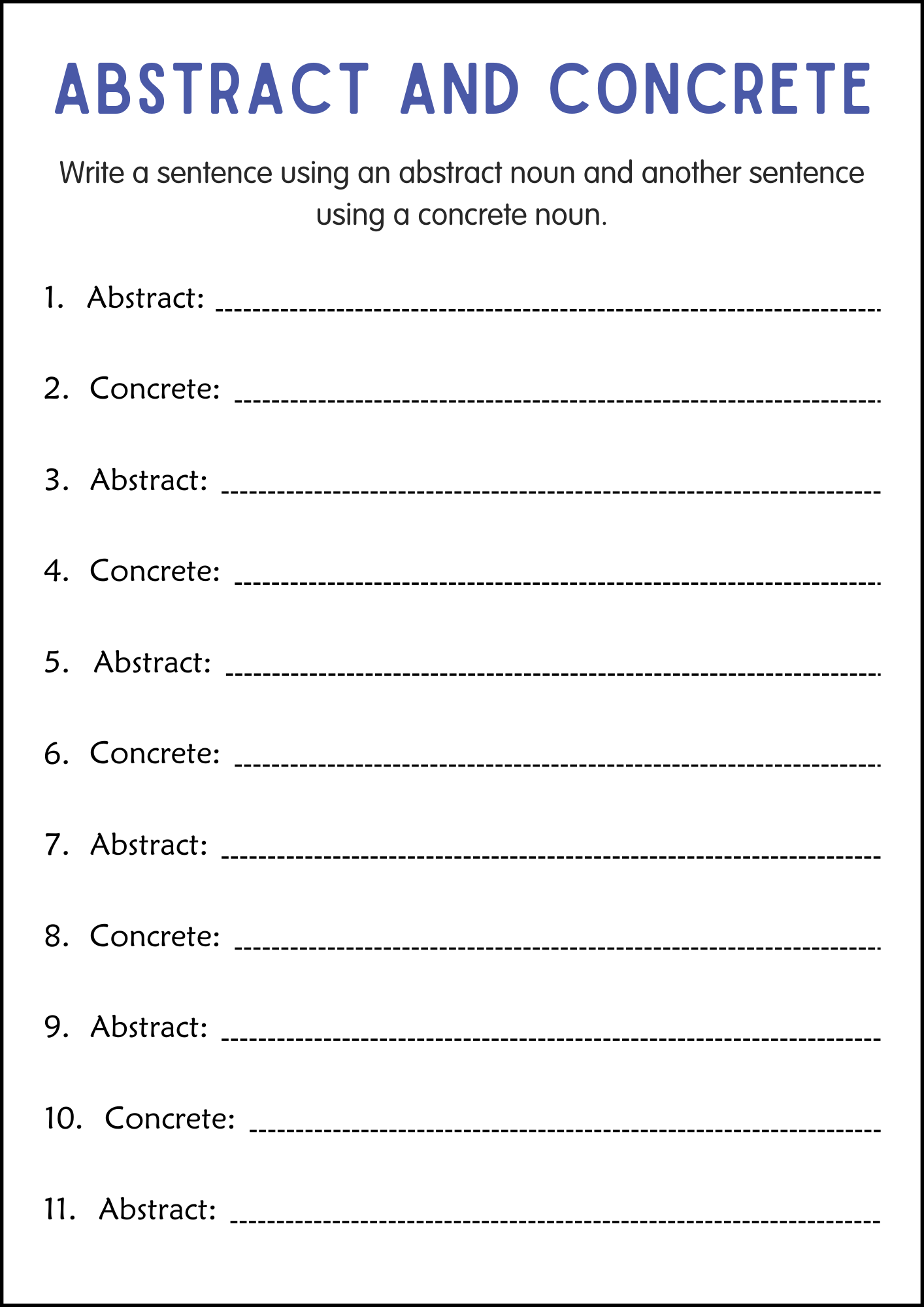 Printable Abstract and Concrete Nouns Grammar Worksheets for Grade 4, 5 ...