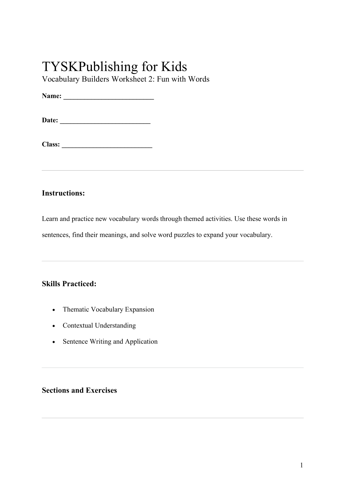 Vocabulary Builders Worksheet 2: Fun with Words