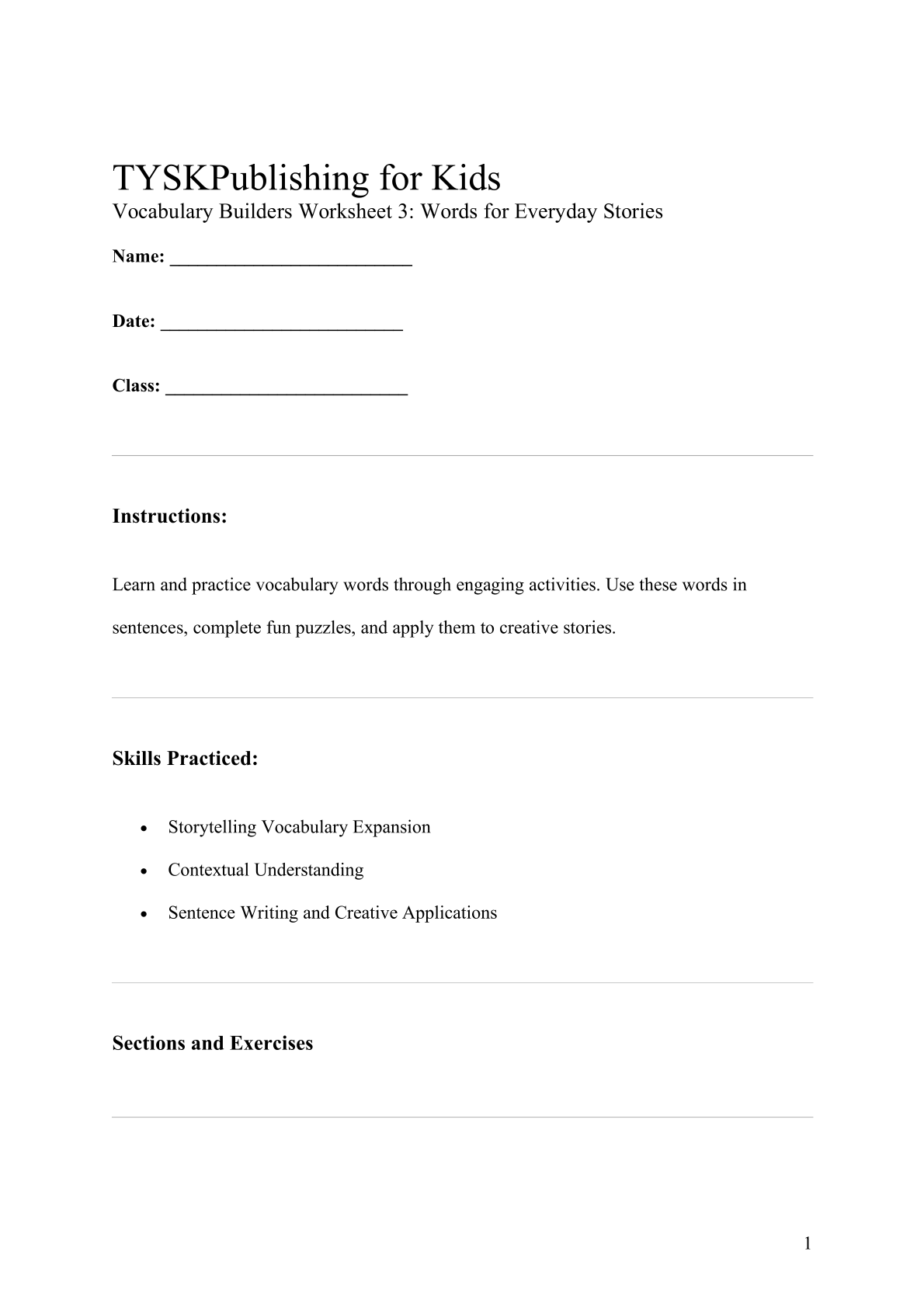 Vocabulary Builders Worksheet 3: Words for Everyday Stories