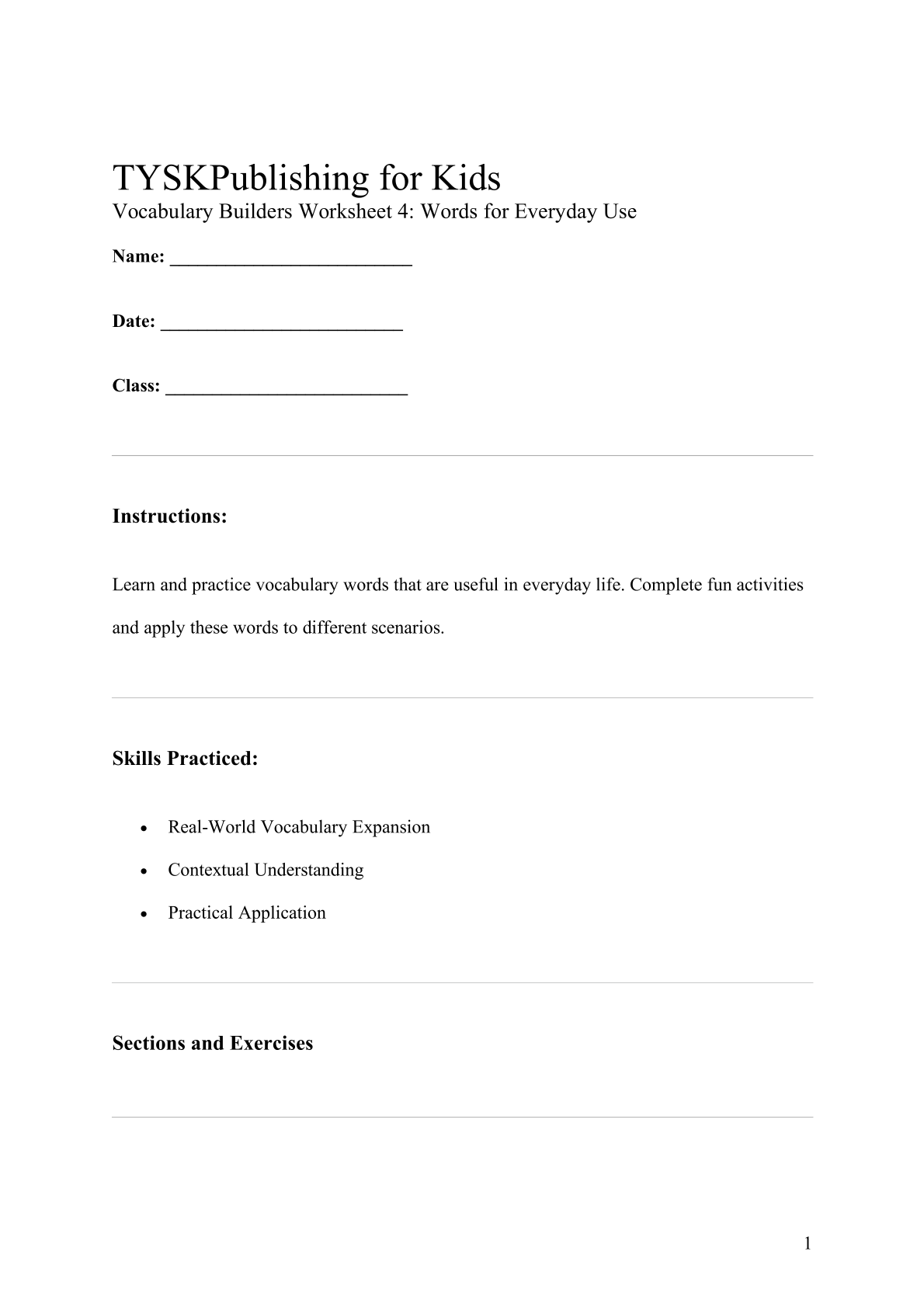 Vocabulary Builders Worksheet 4: Words for Everyday Use