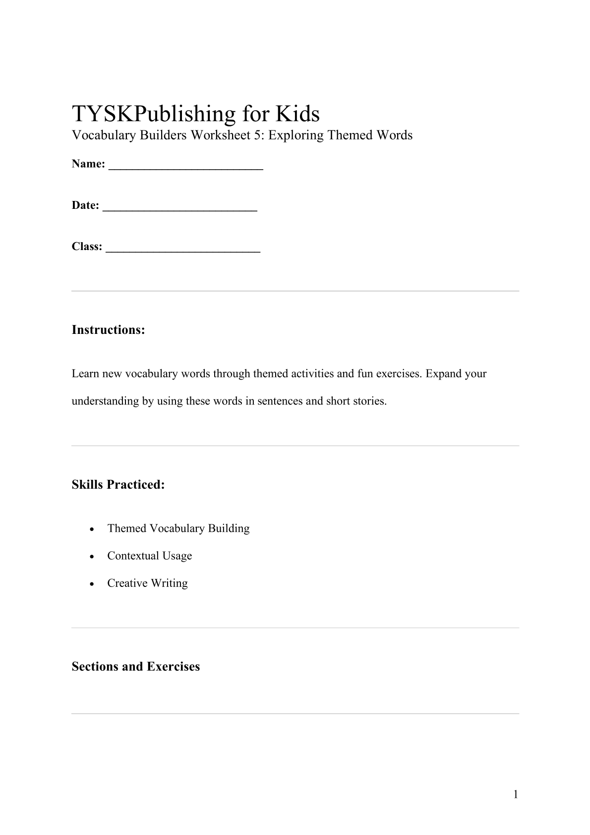 Vocabulary Builders Worksheet 5: Exploring Themed Words