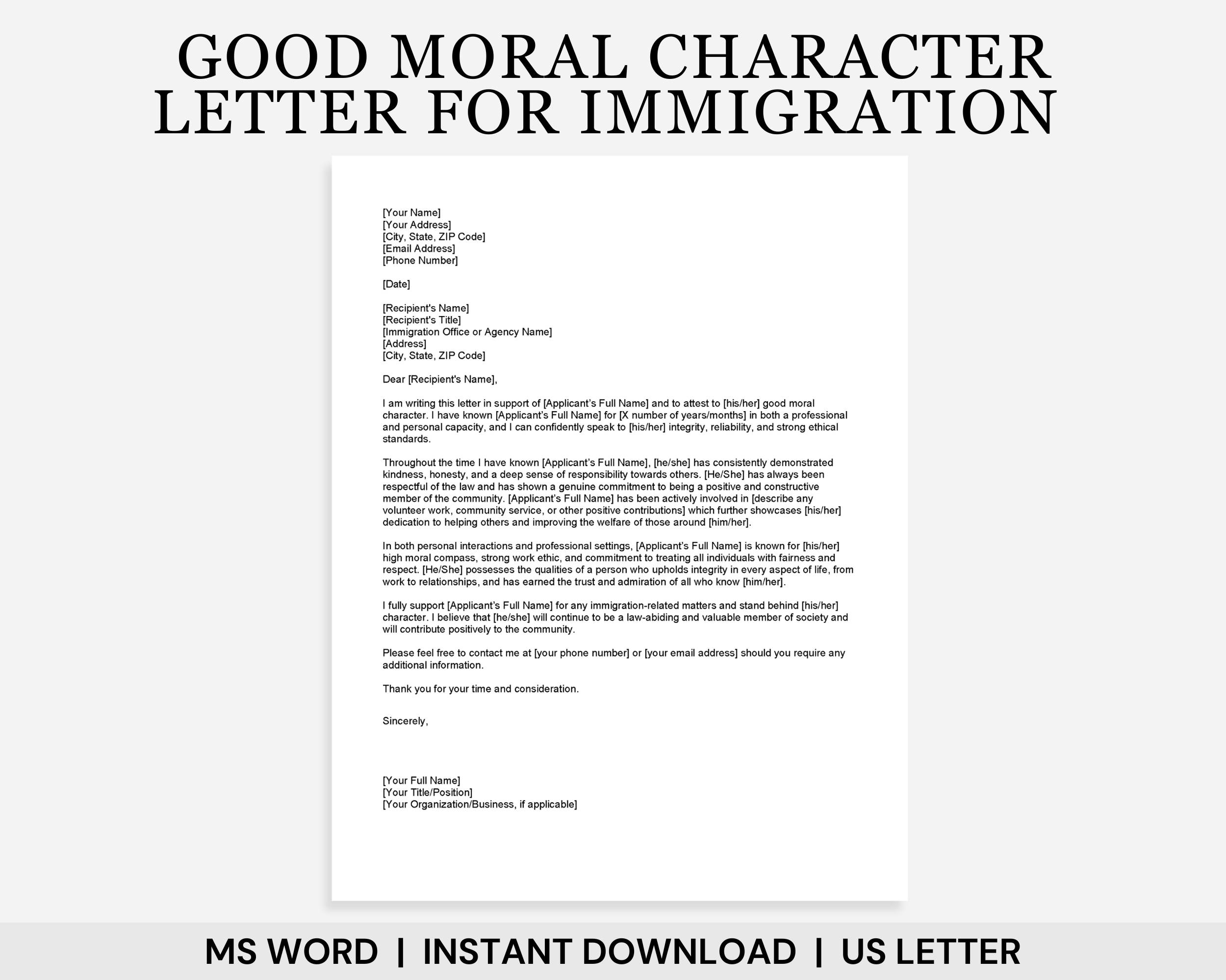 Good Moral Character Letter for Immigration Template, Character Reference Letter, Immigration Letter