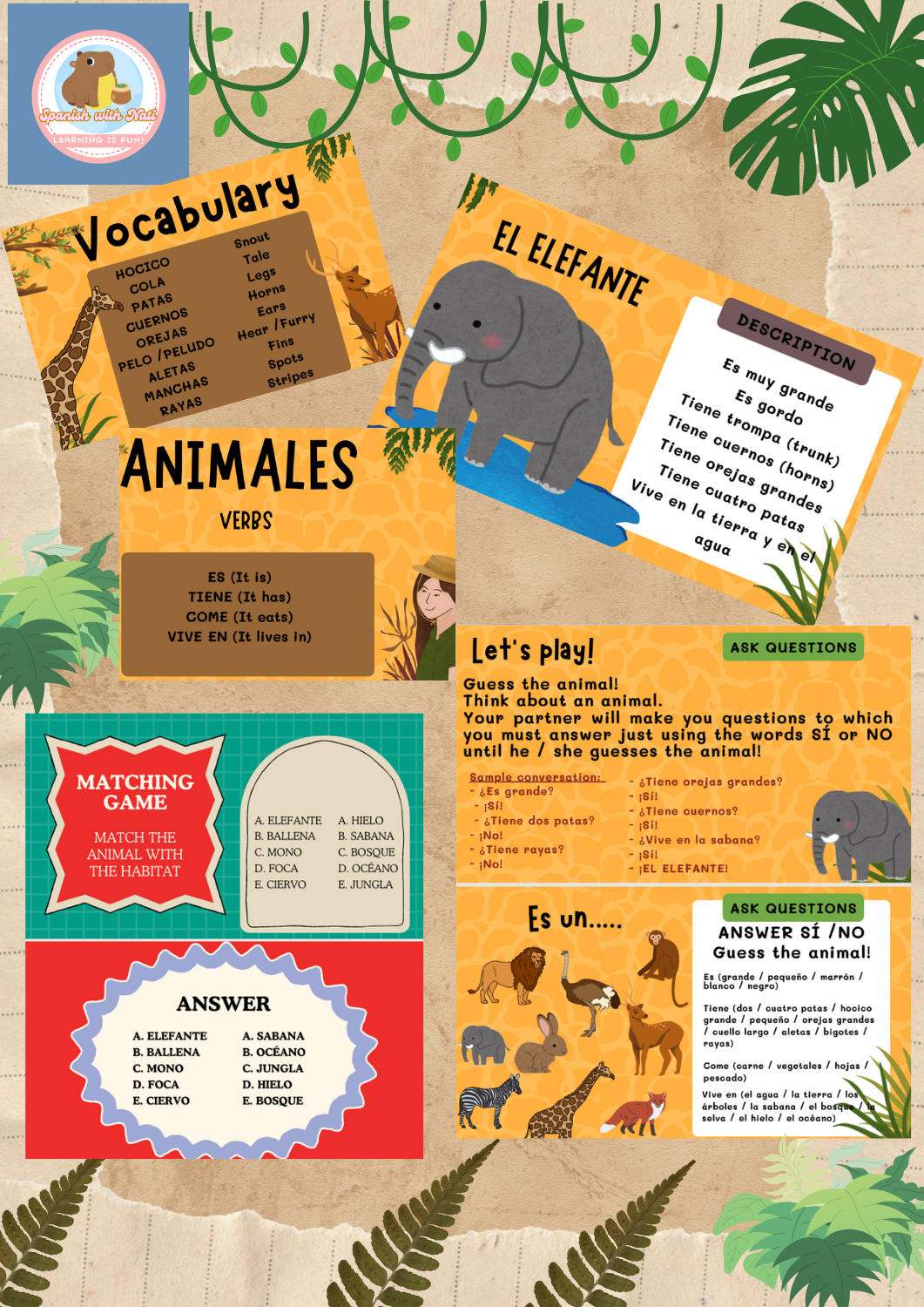 Animals and habitats in Spanish - full presentation + trivia quiz