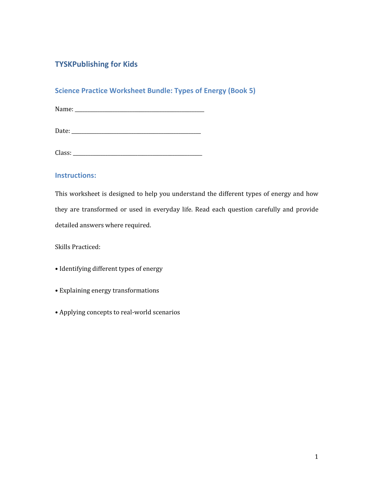 Science Practice Worksheet Bundle: Types of Energy (Book 5)