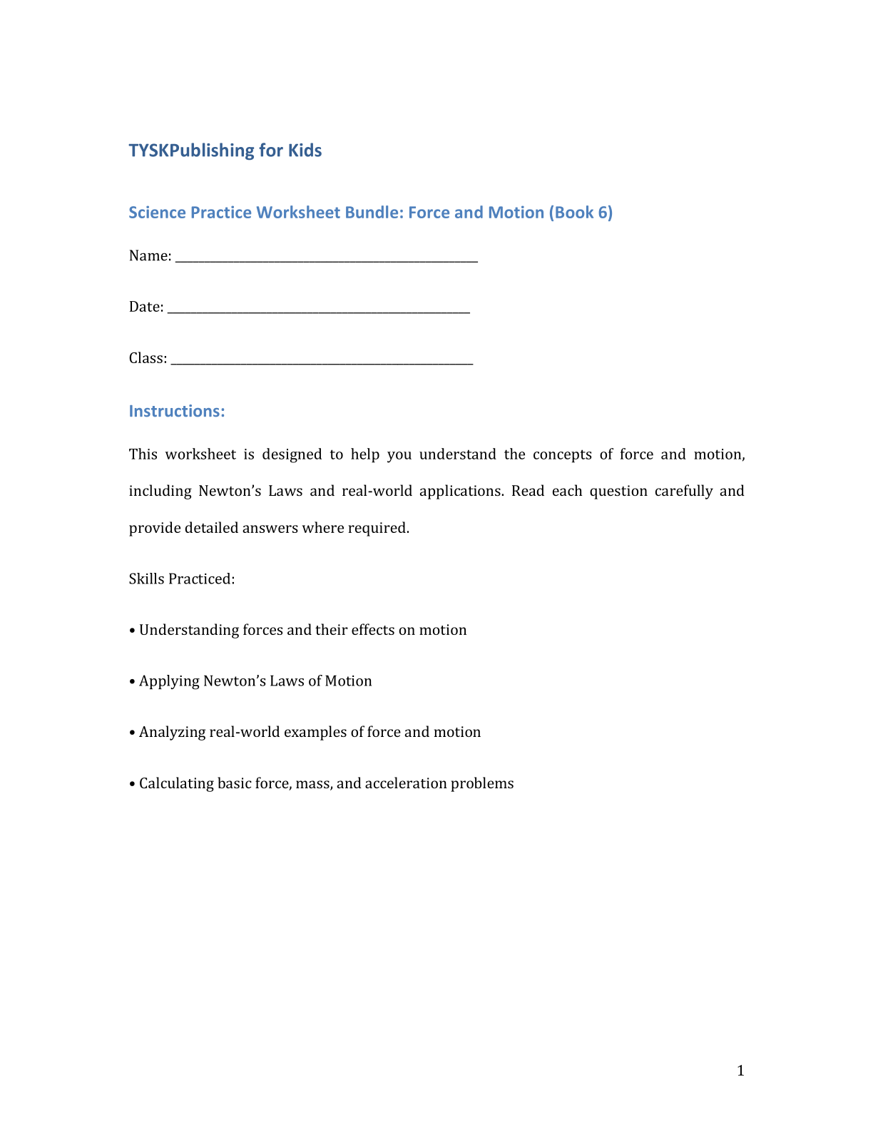 Science Practice Worksheet Bundle: Force and Motion (Book 6)