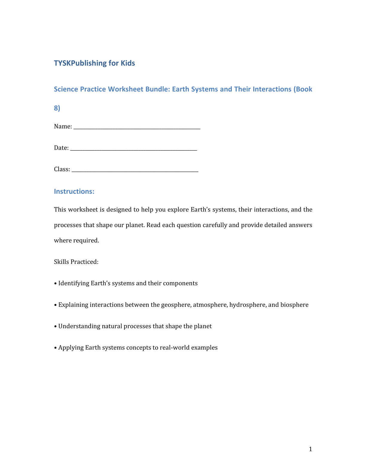Science Practice Worksheet Bundle: Earth Systems and Their Interactions (Book 8)
