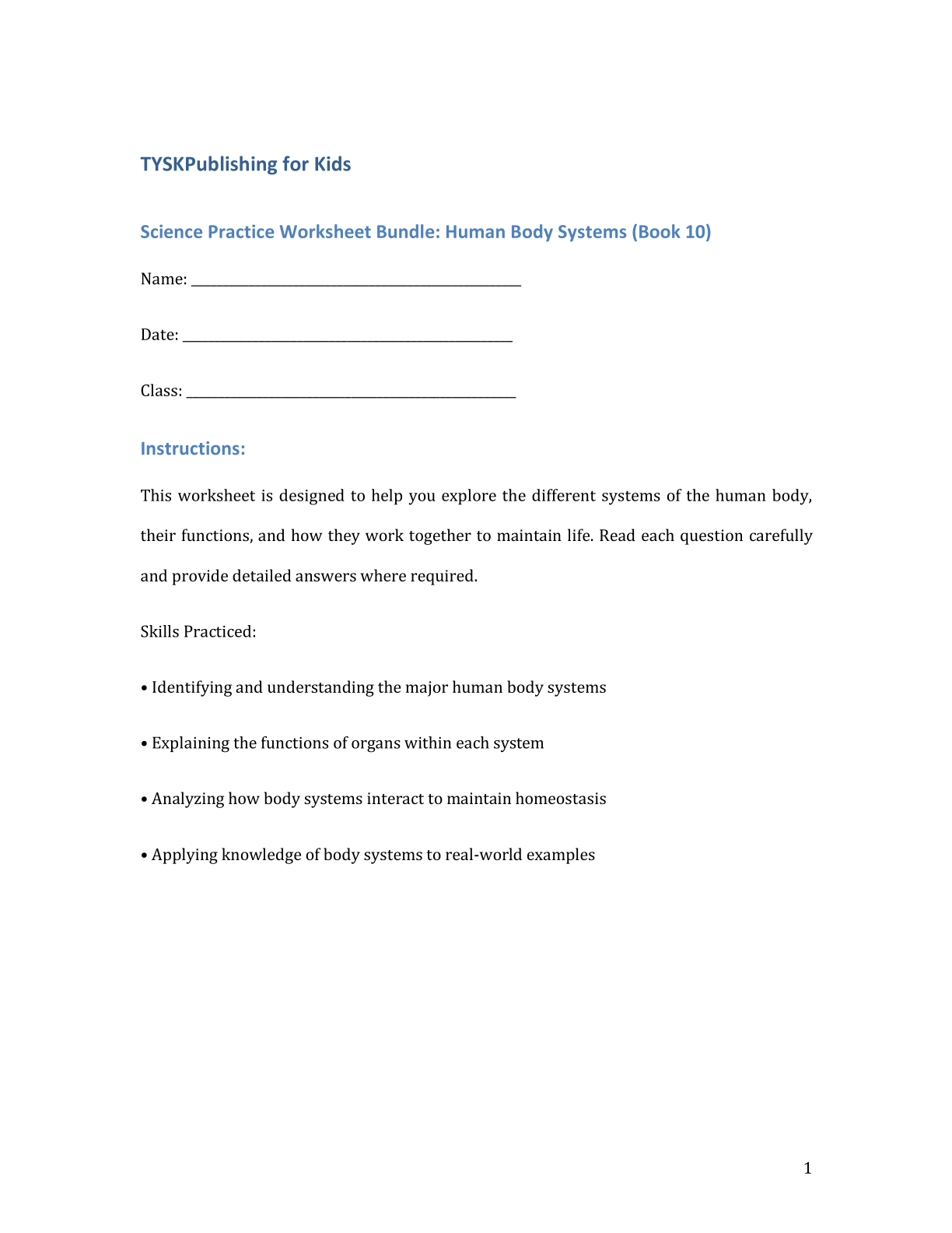 Science Practice Worksheet Bundle: Human Body Systems (Book 10)