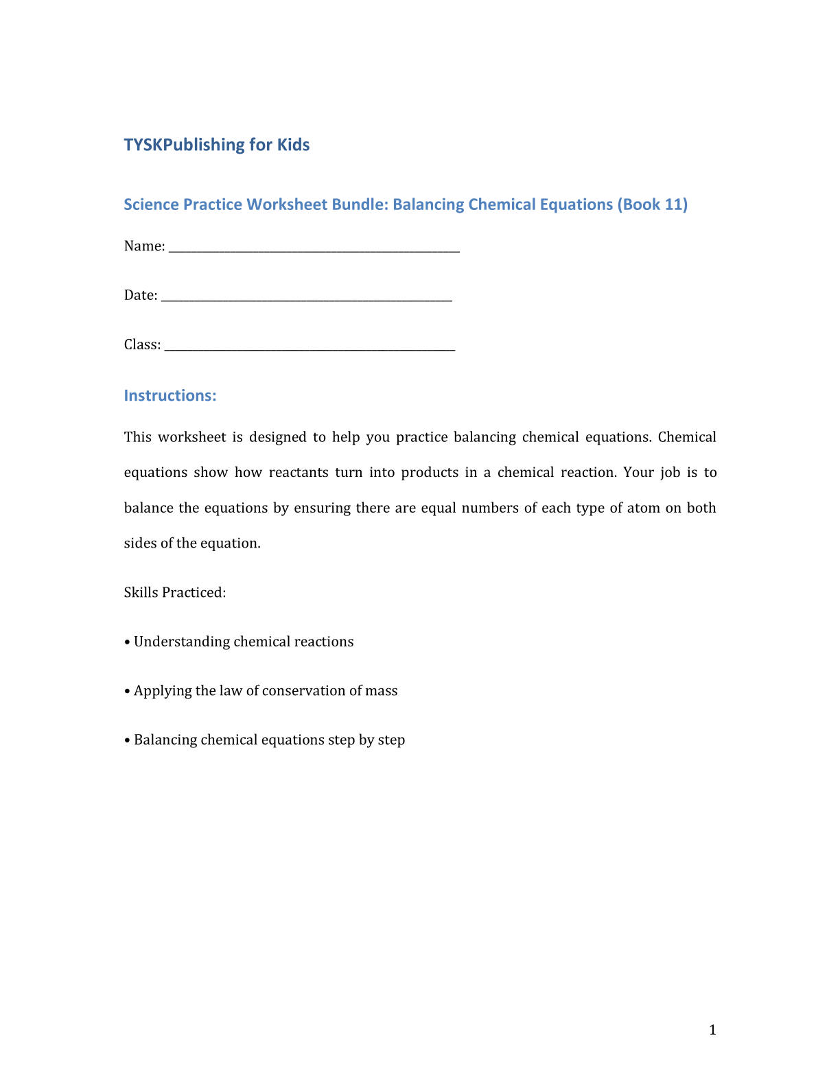 Science Practice Worksheet Bundle: Balancing Chemical Equations (Book 11)