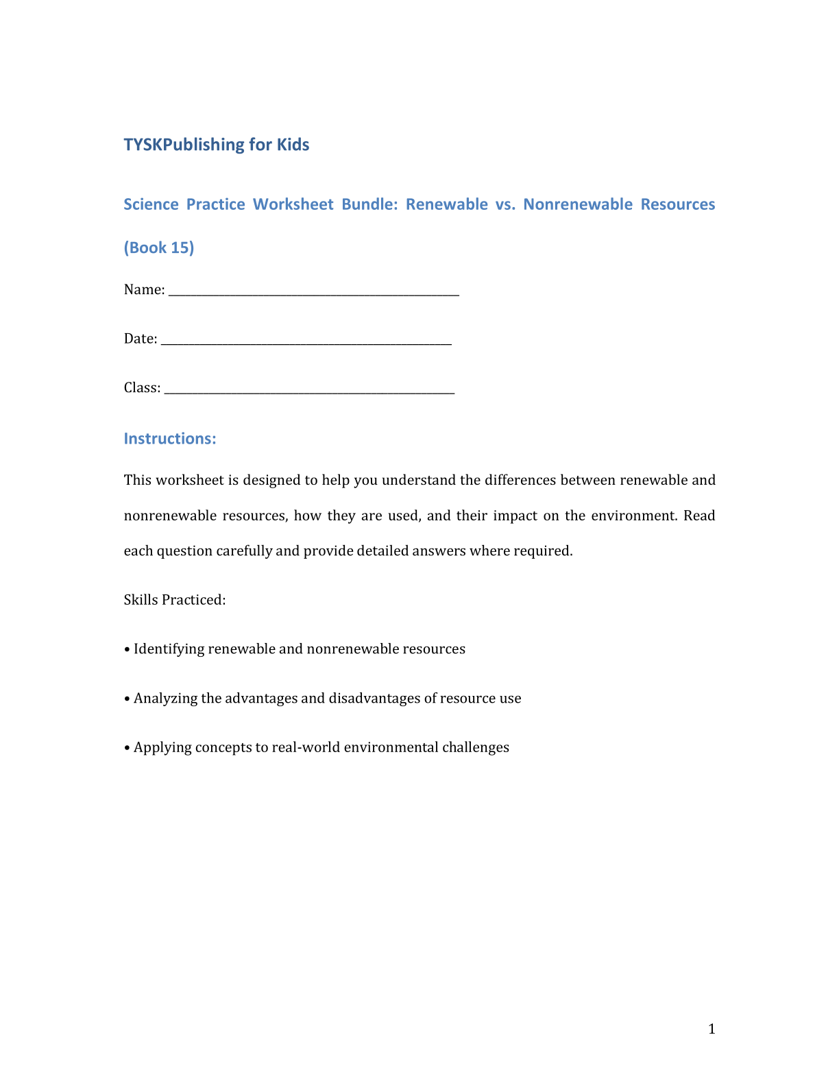 Science Practice Worksheet Bundle: Renewable vs. Nonrenewable Resources (Book 15)