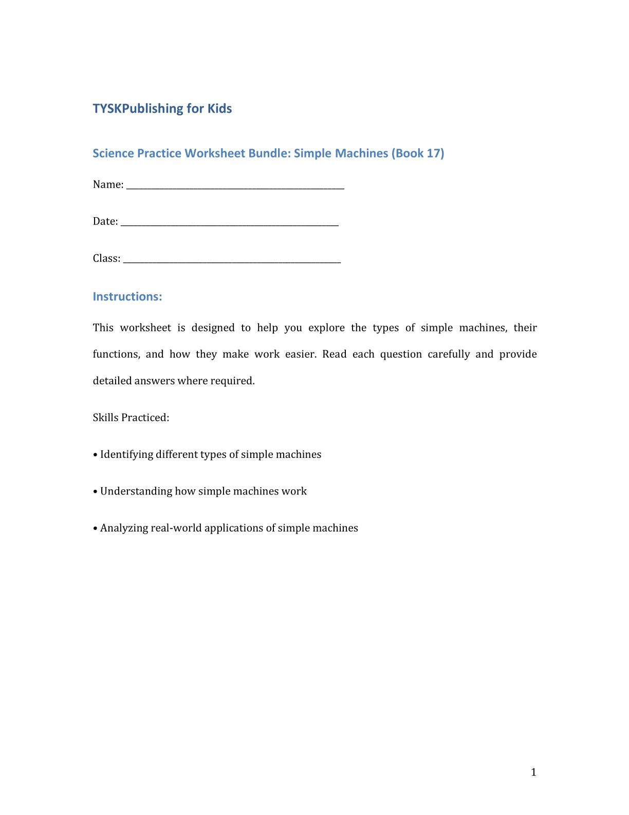 Science Practice Worksheet Bundle: Simple Machines (Book 17)