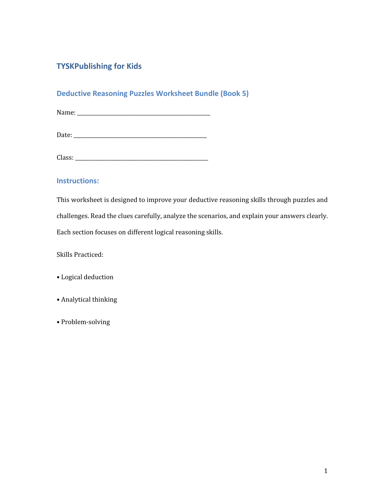 Deductive Reasoning Puzzles Worksheet Bundle (Book 5)