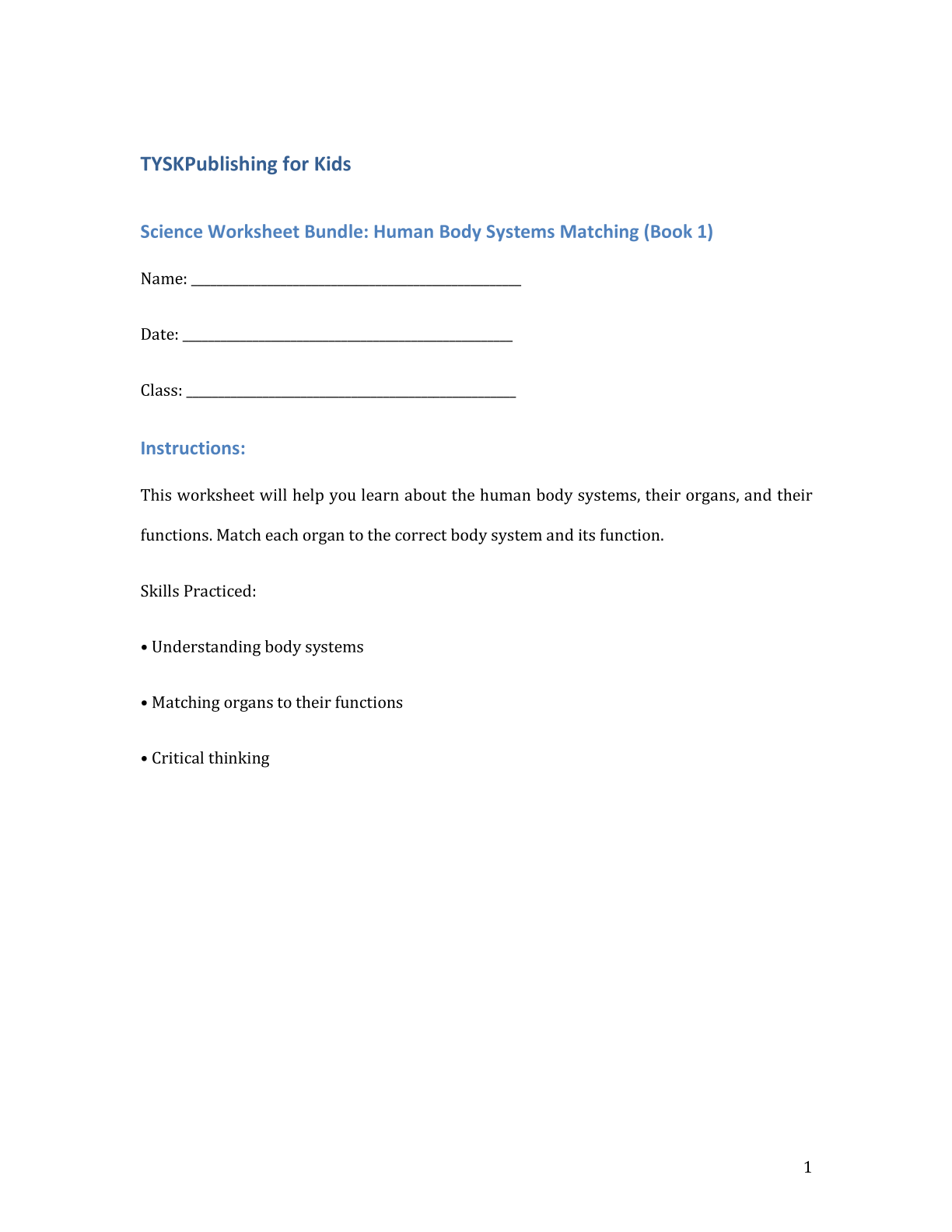 Science Worksheet Bundle: Human Body Systems Matching (Book 1)