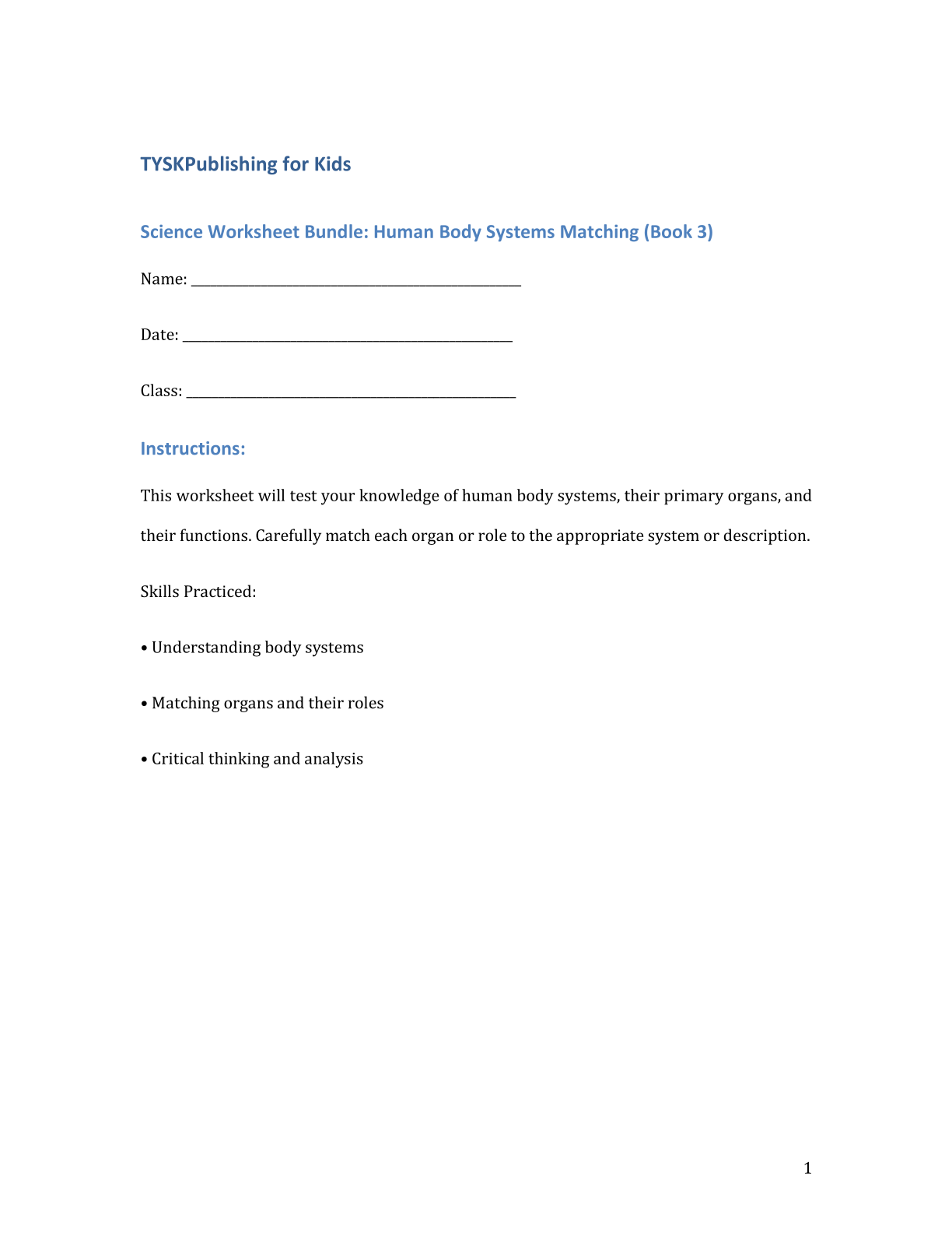 Science Worksheet Bundle: Human Body Systems Matching (Book 3)