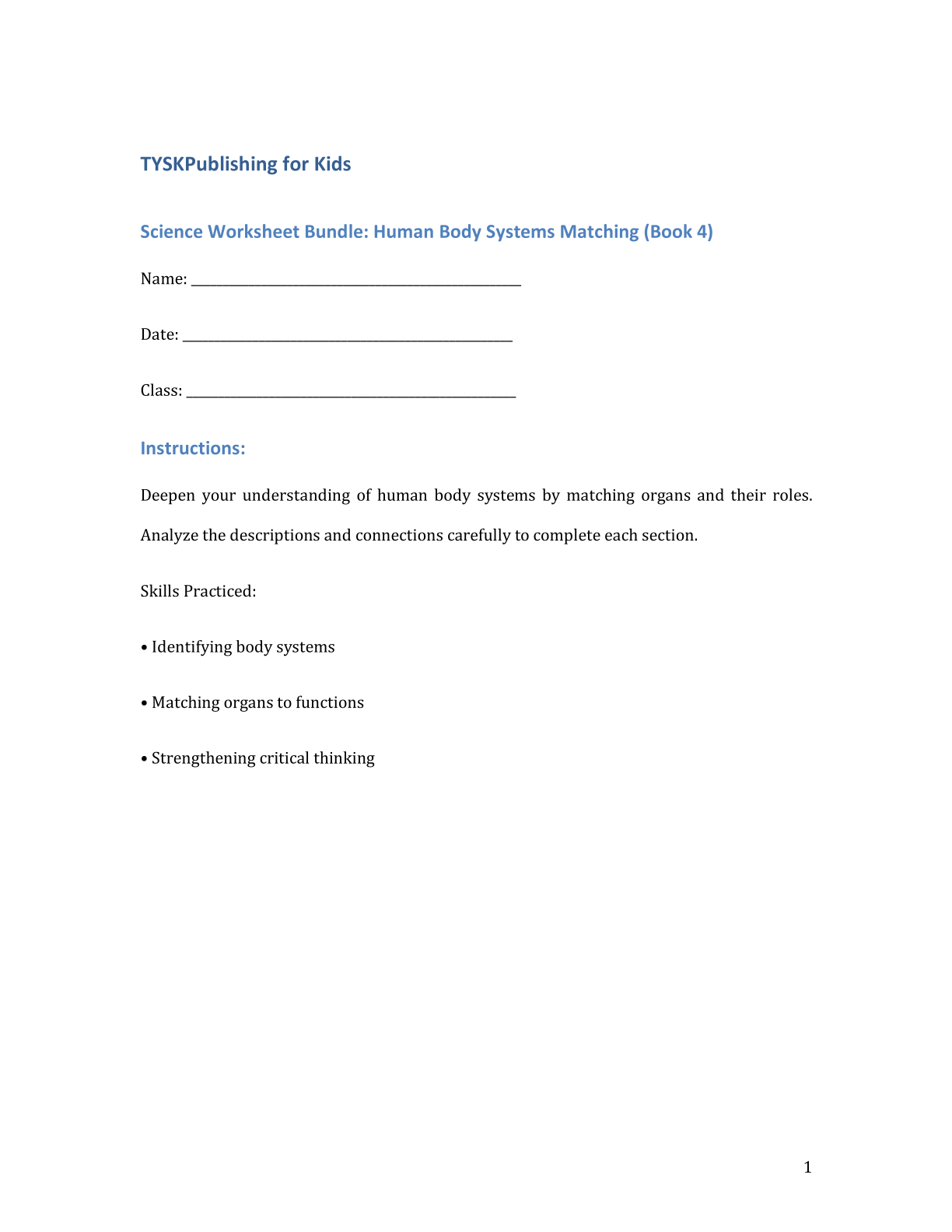Science Worksheet Bundle: Human Body Systems Matching (Book 4)