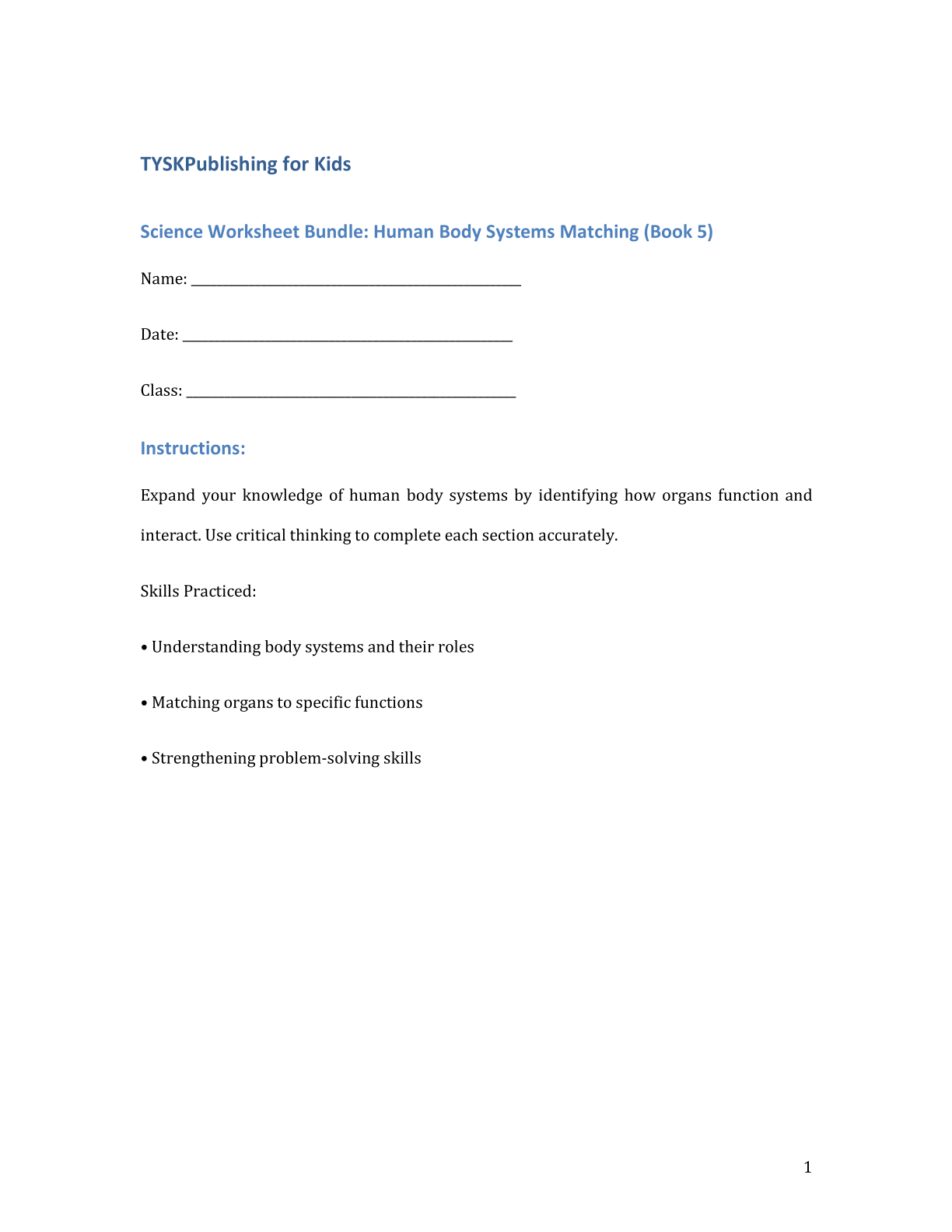 Science Worksheet Bundle: Human Body Systems Matching (Book 5)