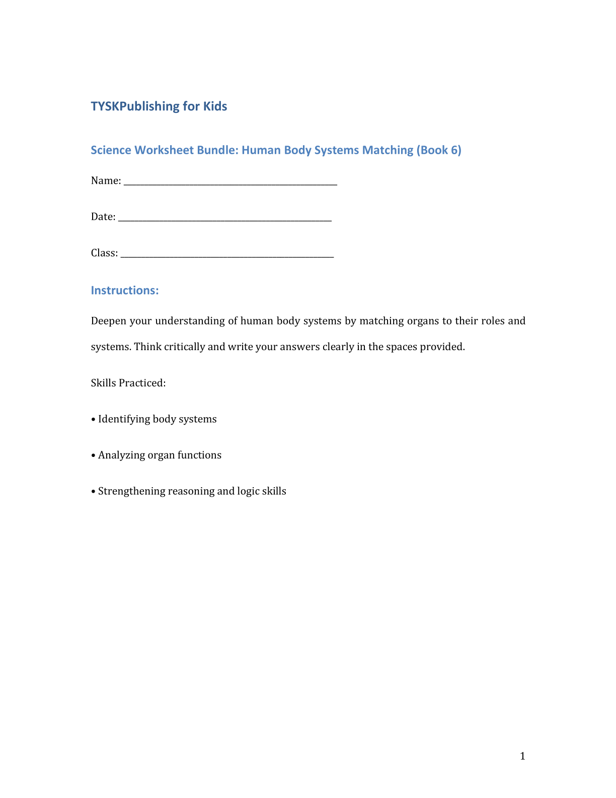 Science Worksheet Bundle: Human Body Systems Matching (Book 6)