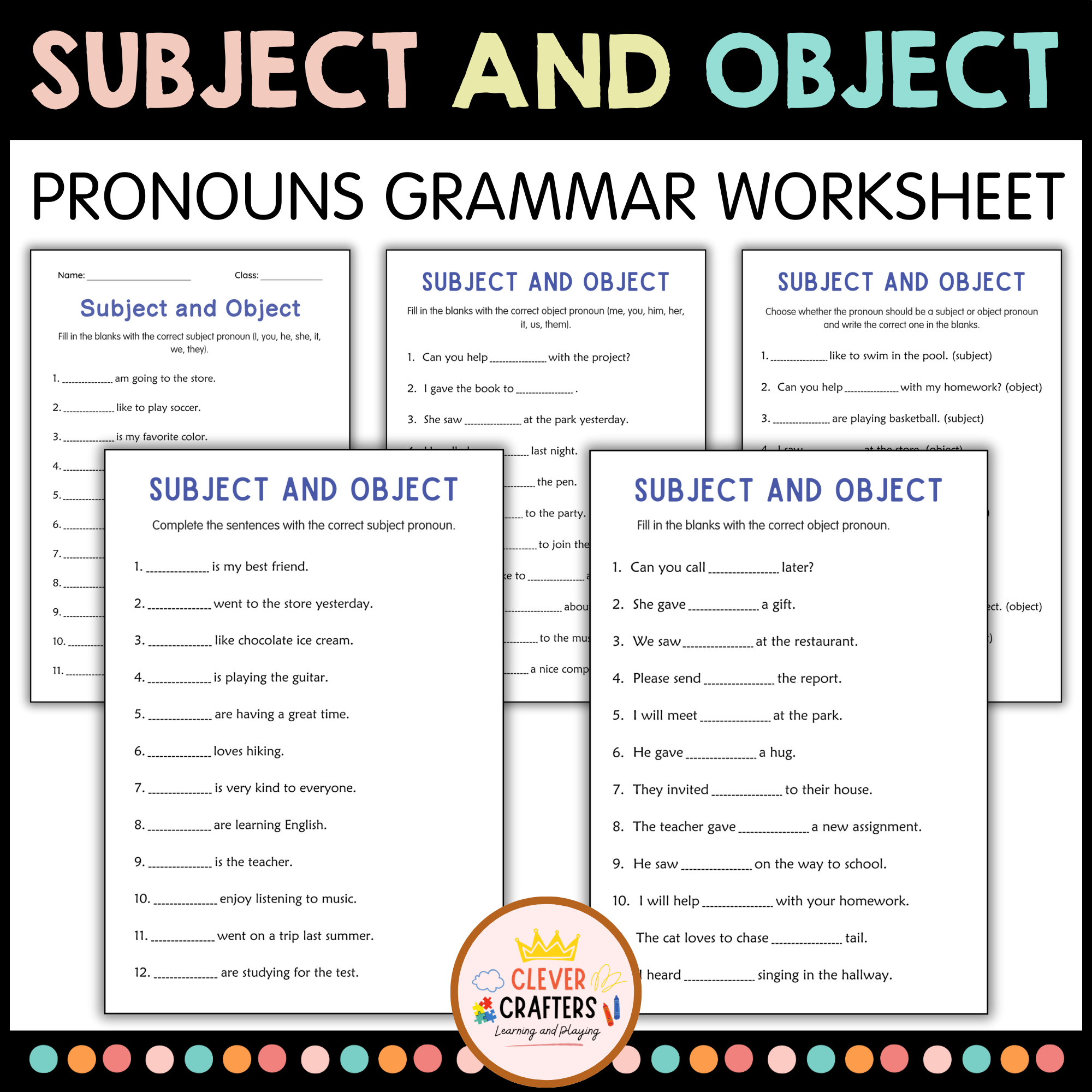 Printable Subject and Object Pronouns Grammar Worksheets for Grade 4, 5, 6