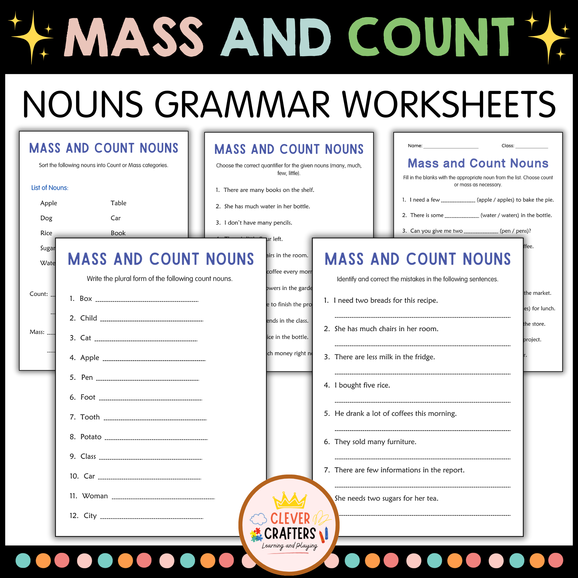 Printable Mass and Count Nouns Grammar Activities Worksheets for Grade 4, 5, 6