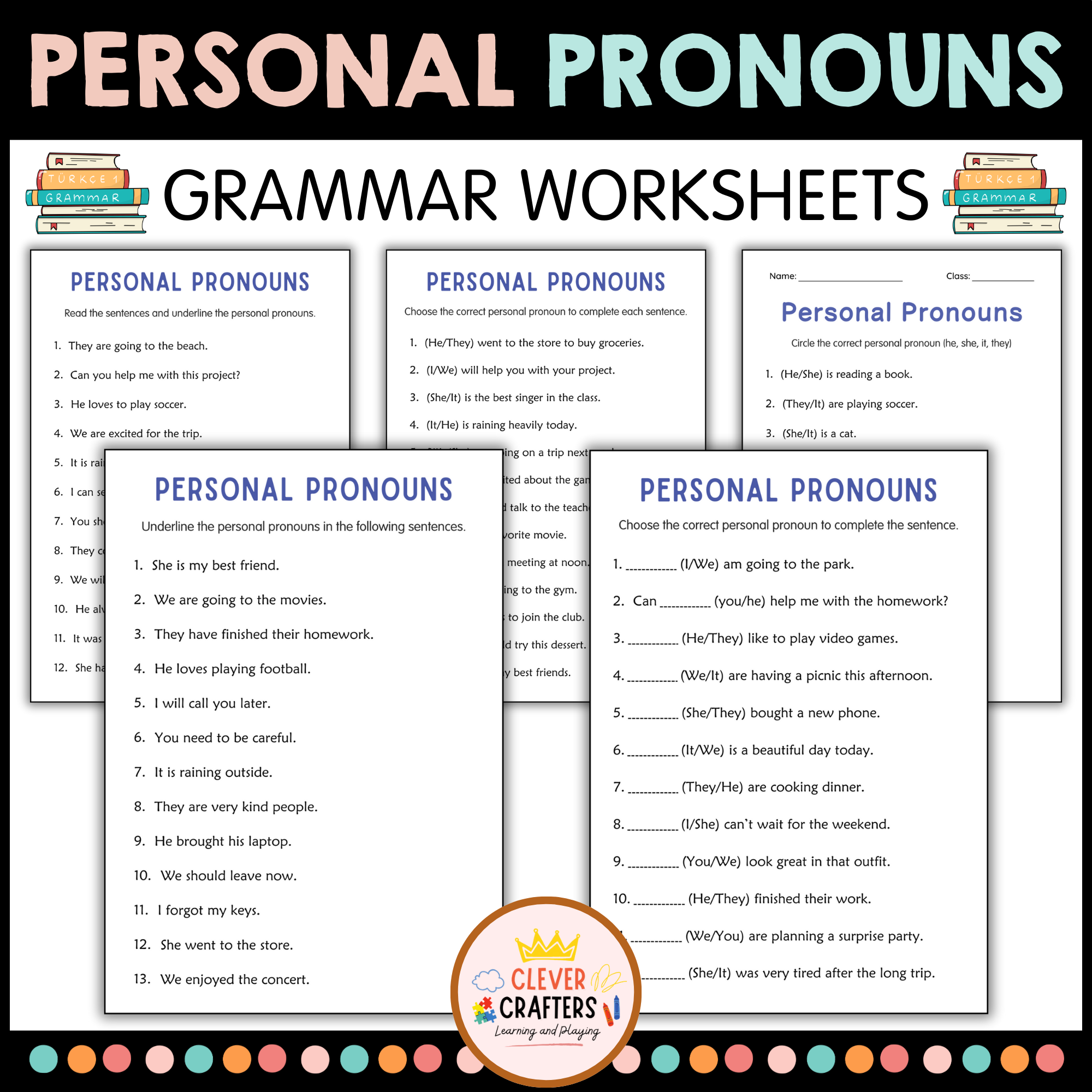 Printable Personal Pronouns Grammar Worksheets for Grade 2, 3, 4