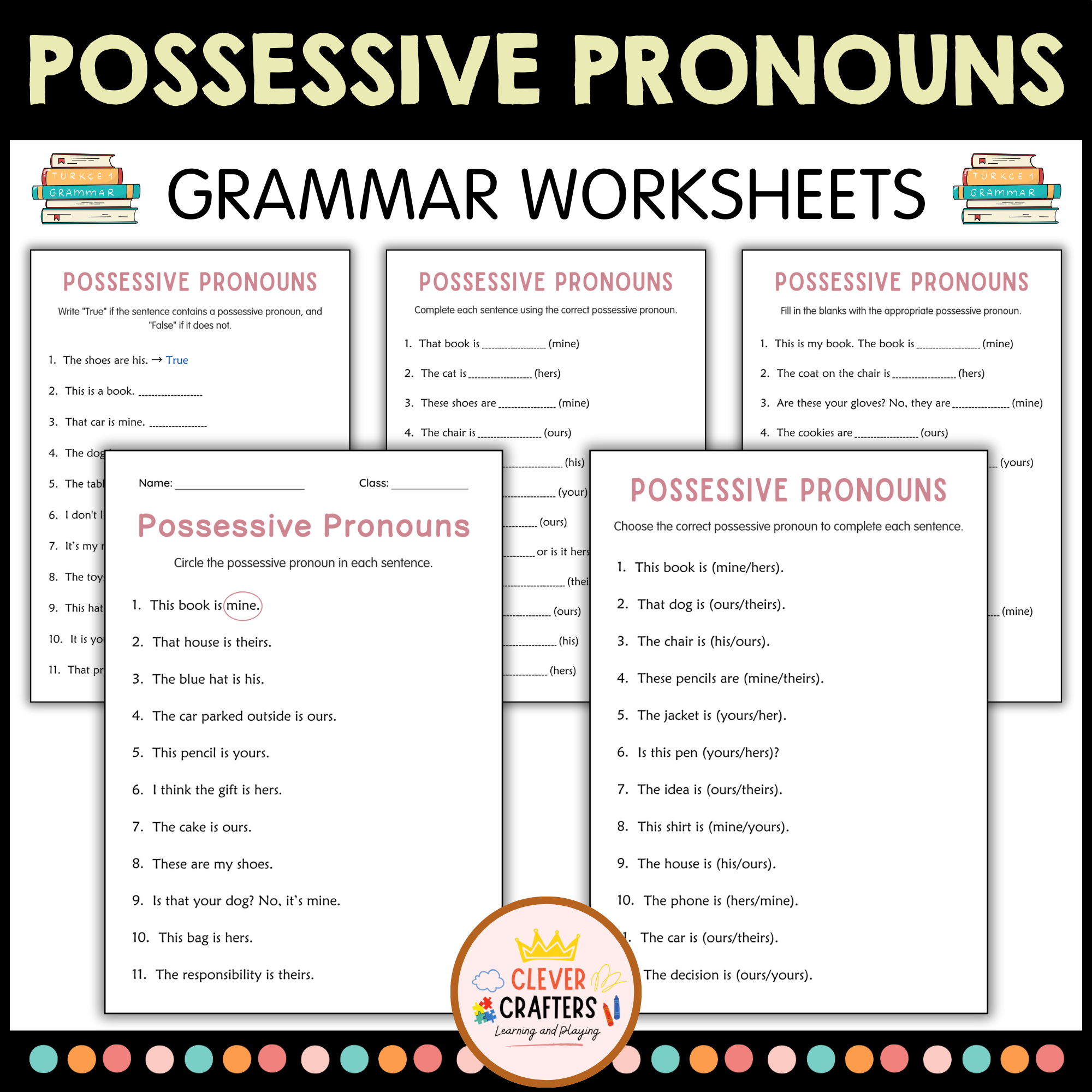 Possessive Pronouns Practice Grammar Activity Worksheets for Grade 2, 3, 4