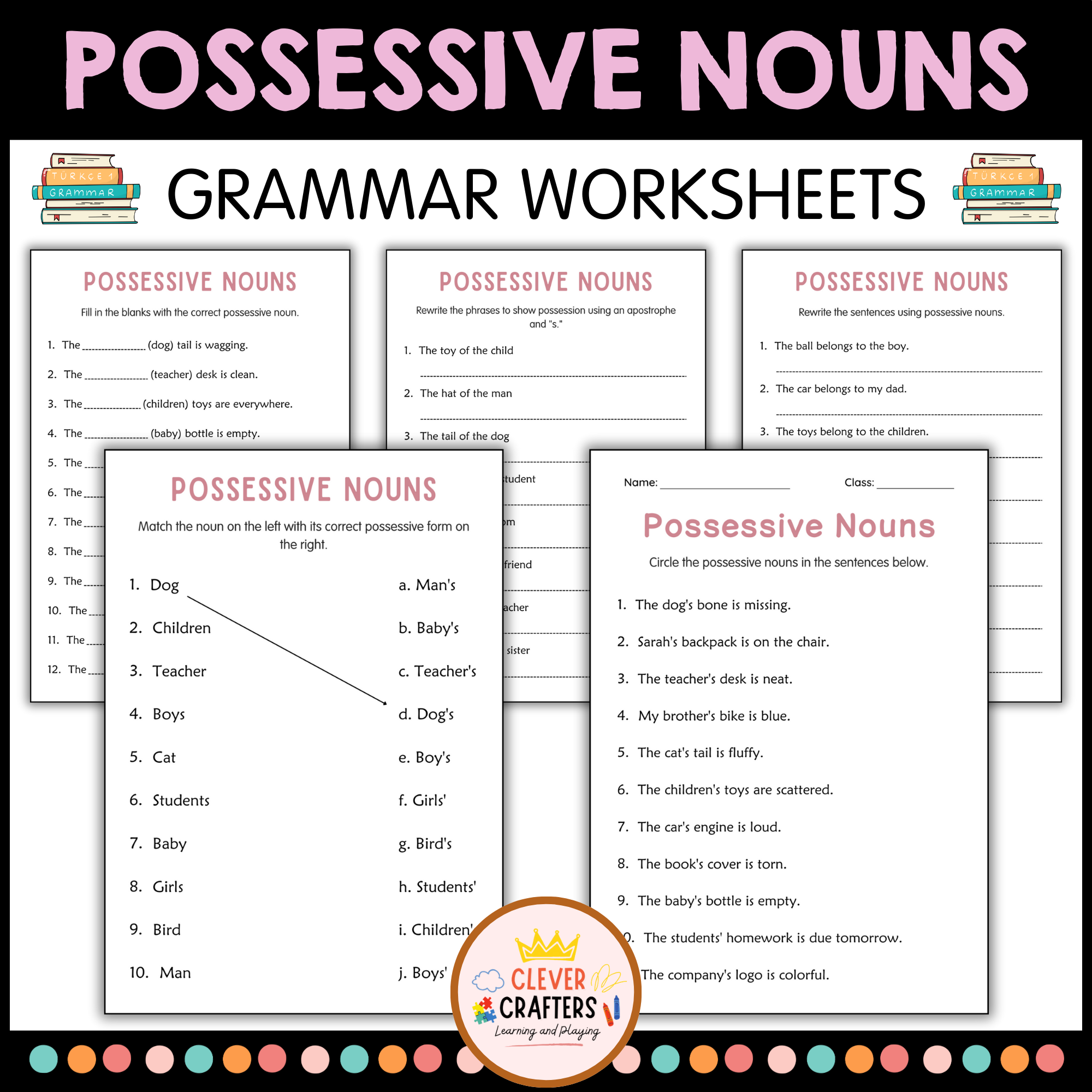 Printable Possessive Nouns Grammar Activity Worksheets for Grade 4, 5, 6