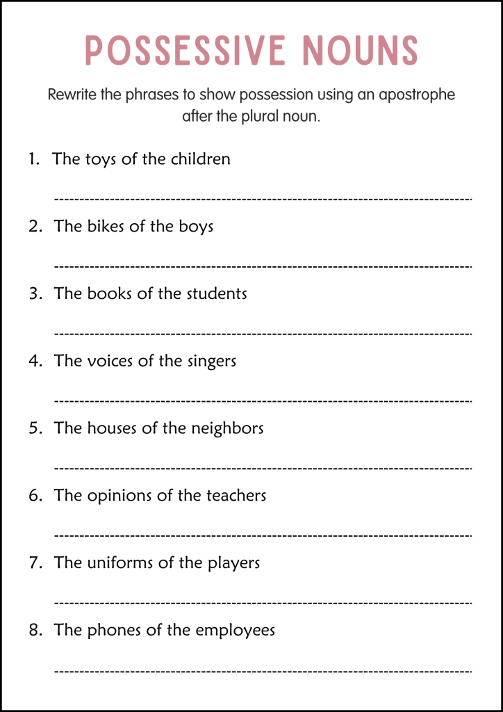 Printable Possessive Nouns Grammar Activity Worksheets for Grade 4, 5 ...