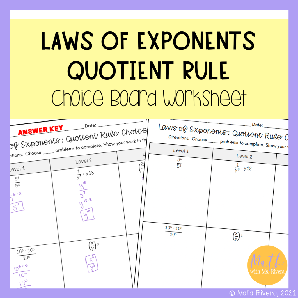 Exponent Rules Quotient Rule Worksheet Choice Board for Algebra 1 ...