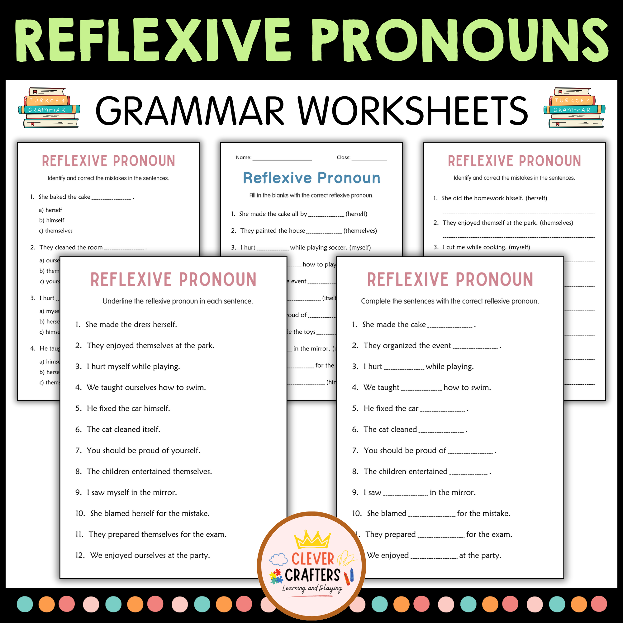 Printable Reflexive Pronouns Grammar Worksheets for Grade 3, 4, 5