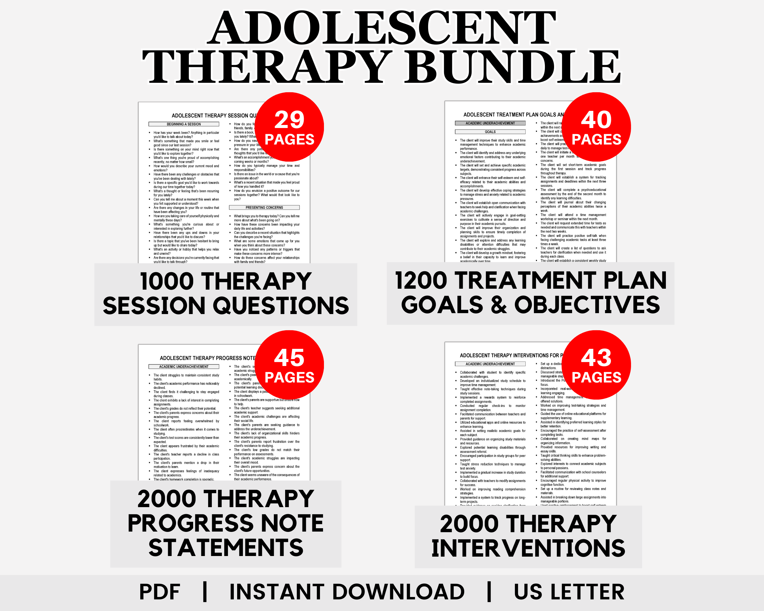 Adolescent Therapy Bundle, Therapy Questions, Therapy Goals and Objectives, Progress Notes