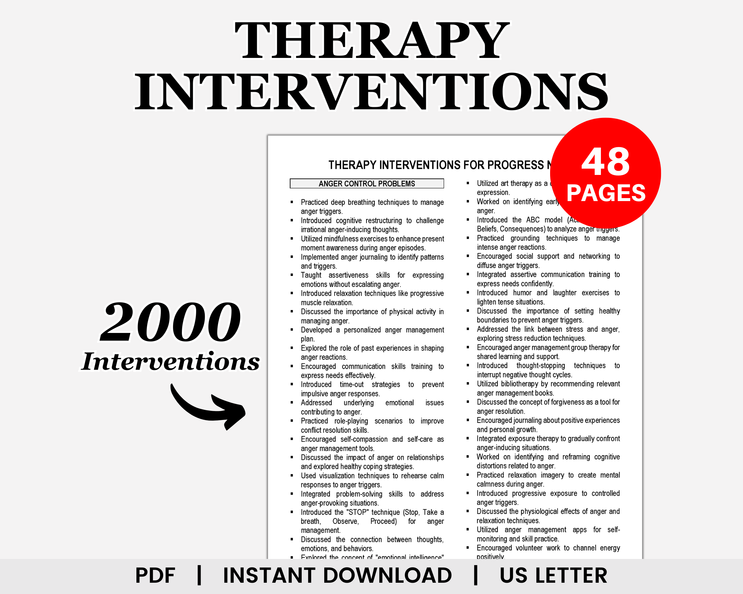 Therapy Interventions for Progress Notes, Therapeutic Interventions, Therapy Progress Notes