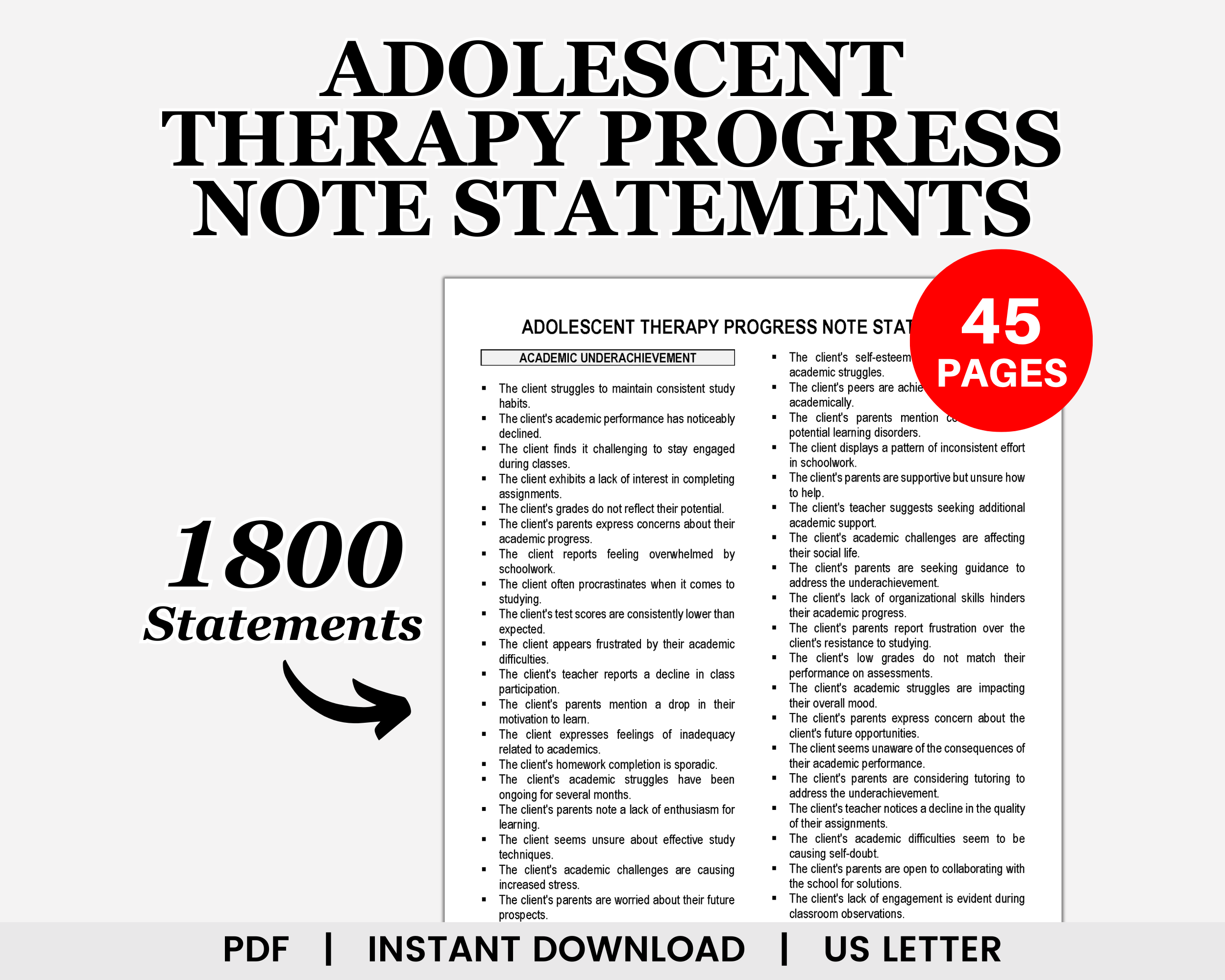 Adolescent Therapy Progress Note Statements, Teen Therapy, School Counseling, Progress Report