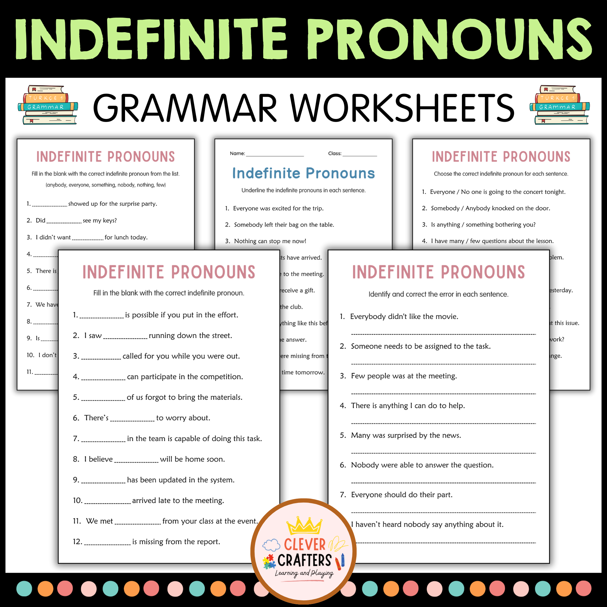 Somebody Anybody Nobody - Indefinite Pronouns Grammar Worksheets for Grade 4, 5