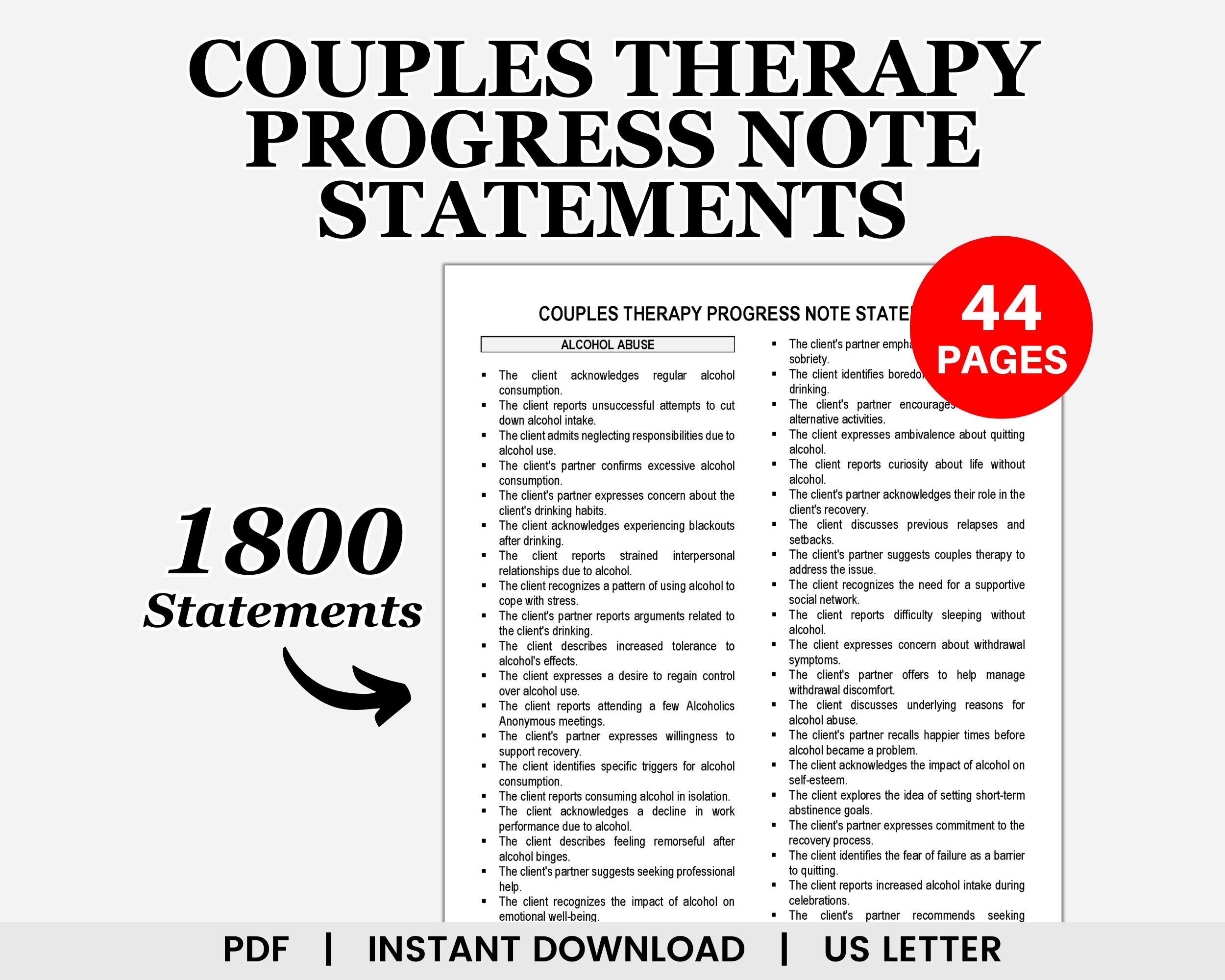 Couples Therapy Progress Note Statements, Marriage Counseling, Relationship Therapy, Progress Report