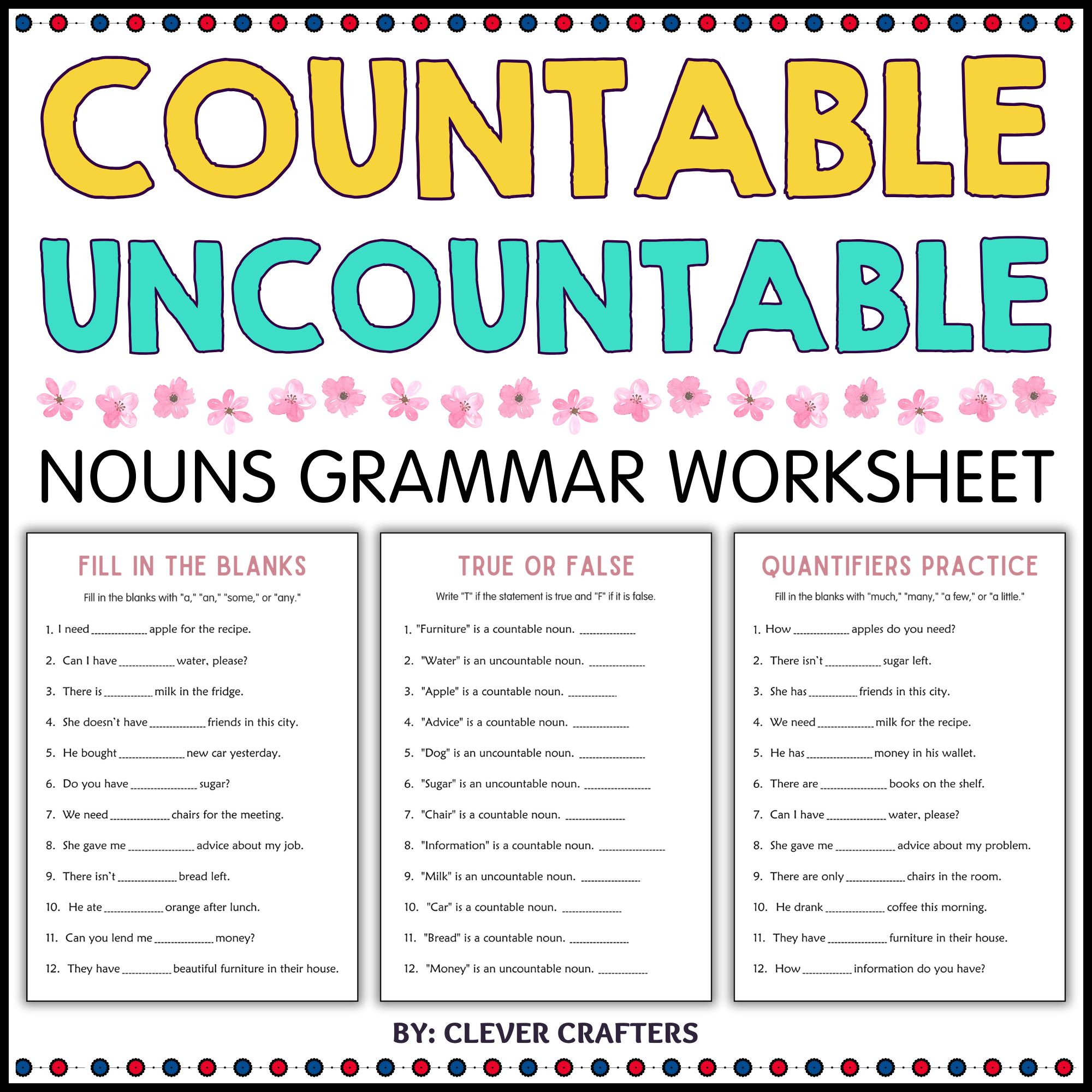 Printable Countable and Uncountable Nouns Grammar Worksheets for Grade 4, 5, 6