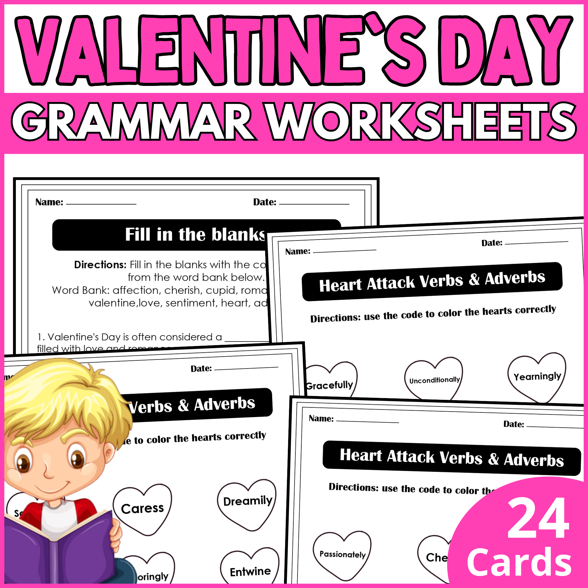 valentines day grammar reading comprehension - february activity packet