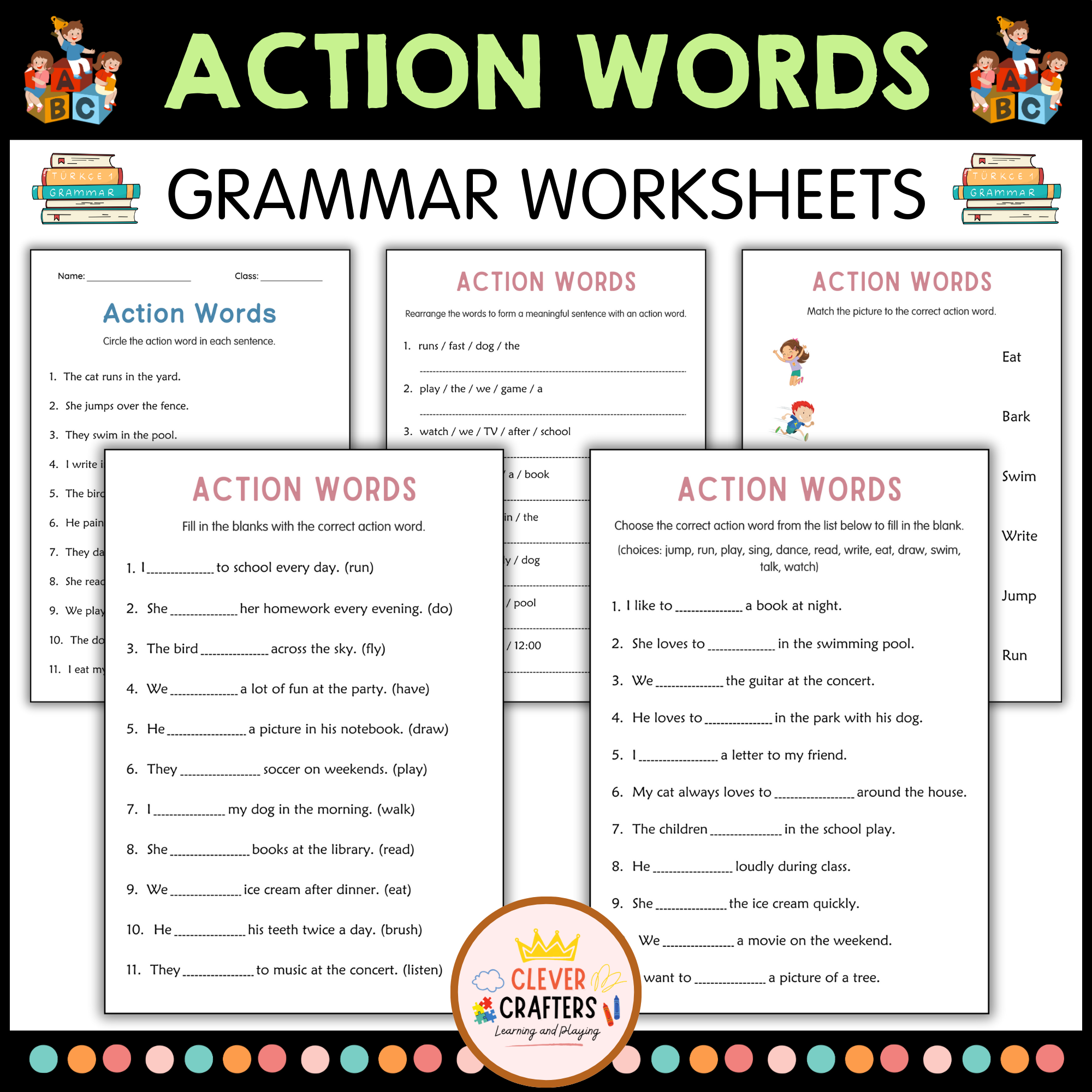 Printable Action Words Grammar Worksheets for Grade 3, 4, 5
