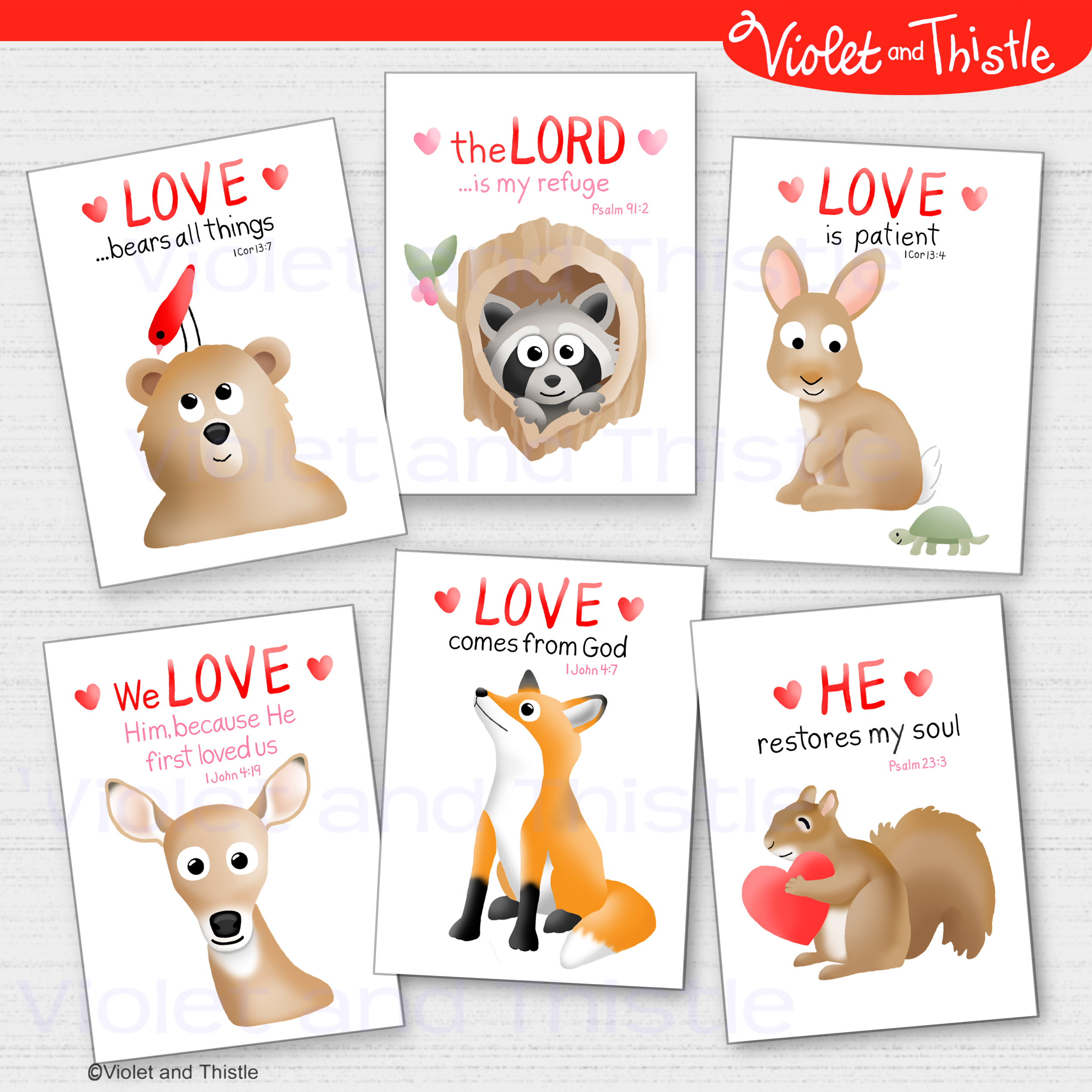 Christian Valentine Day Card Bible Verses Scripture Watercolor Woodland Animal Printable Religious