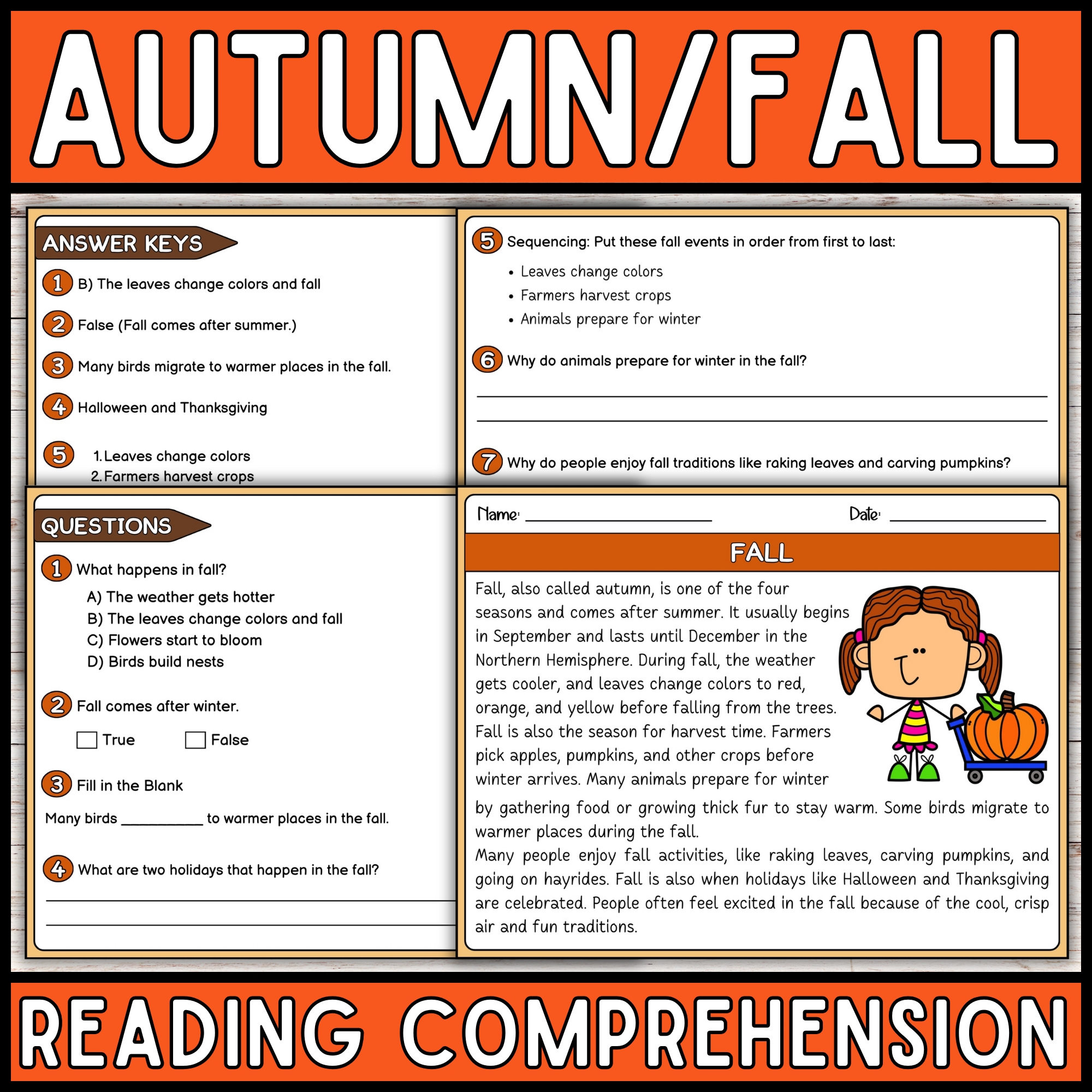 Autumn Reading Passages with Comprehension Questions | Fall Non-Fiction Reading Comprehension